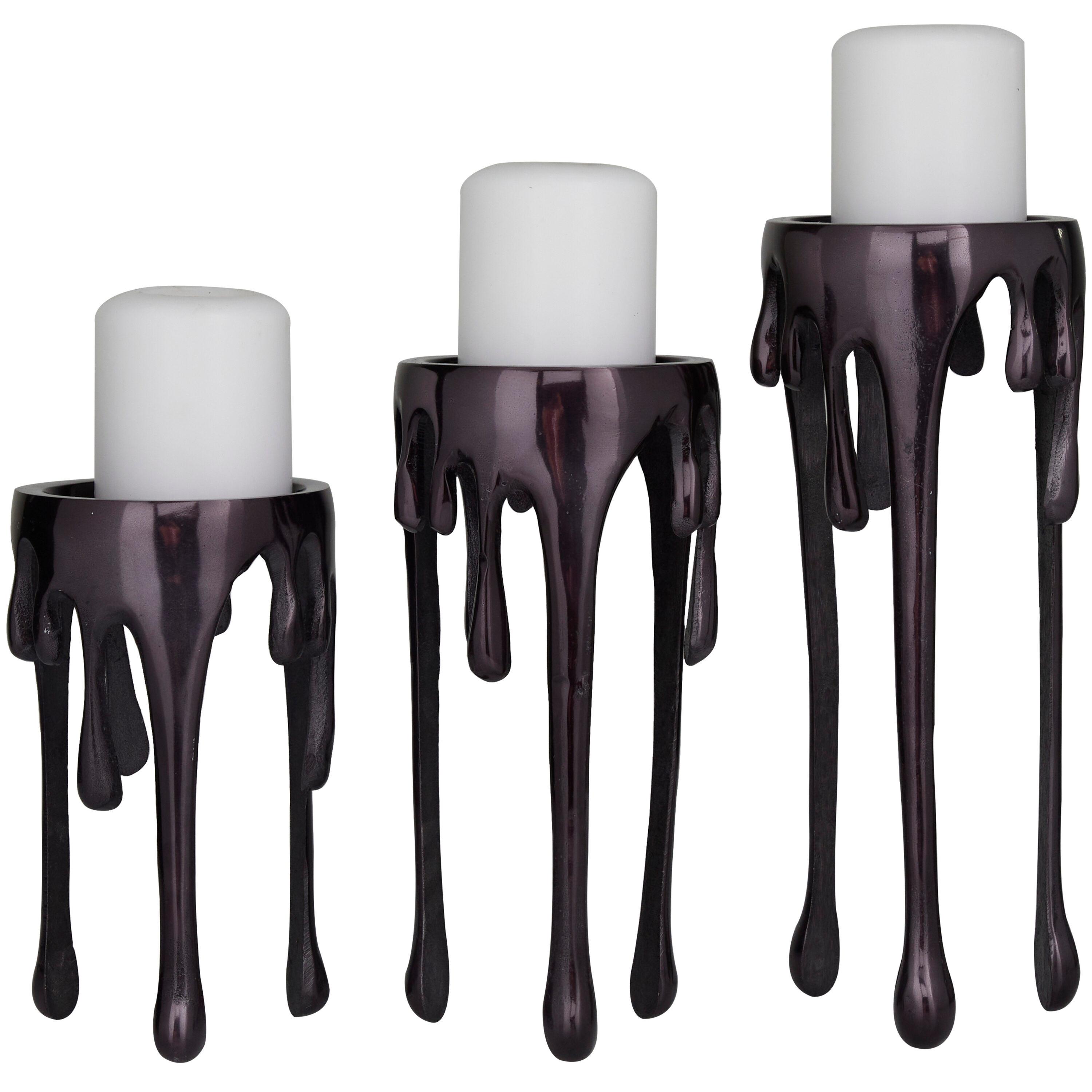 CosmoLiving by Cosmopolitan Contemporary Aluminum 3D Melting Candle Design Candle Holder, Set of 3 12" 10" 8" with Glossy Metallic Black Finish