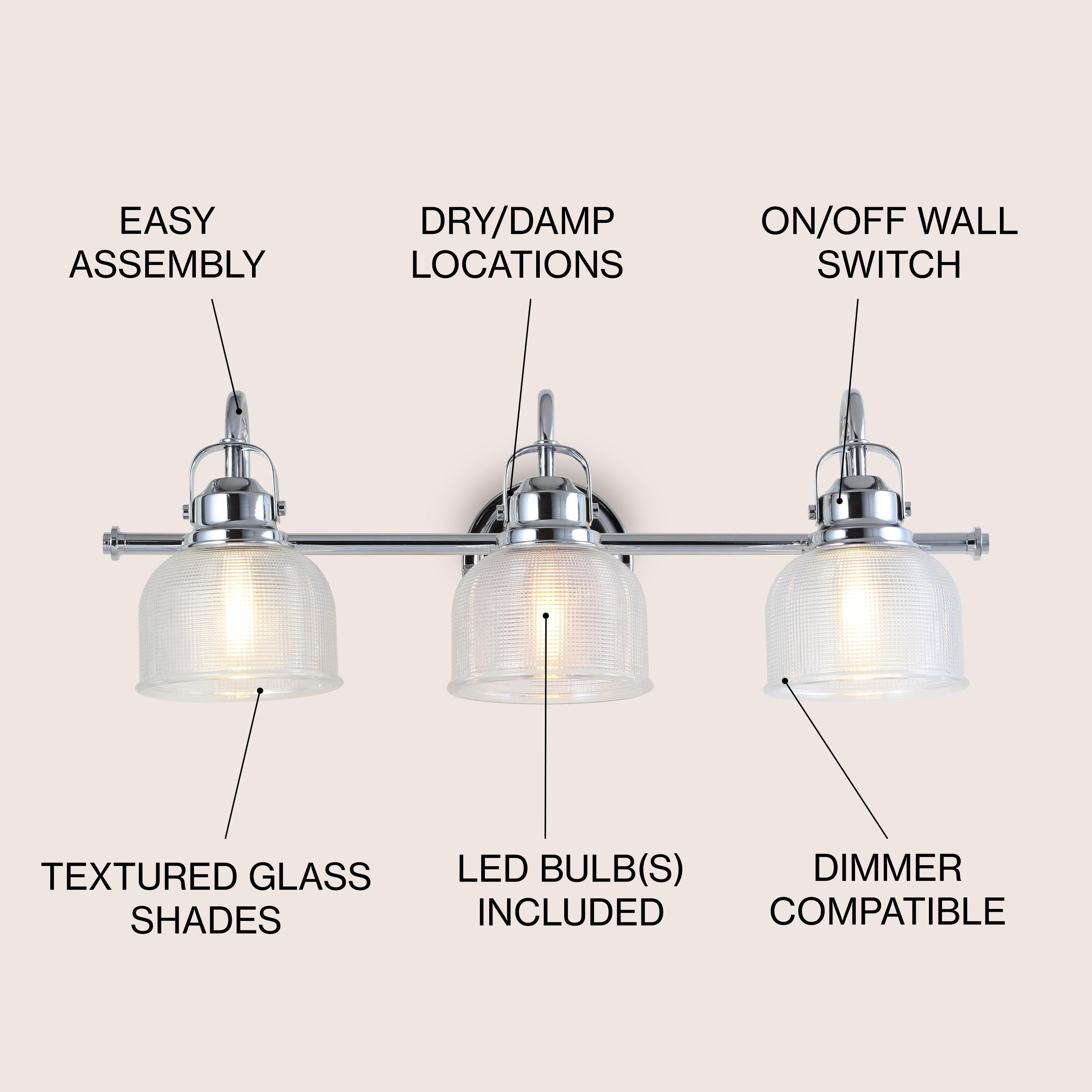 JYL7409A Virginia 25.25" 3-Light Metal/Glass LED Traditional Classic Vanity Light Modern 2700K LED 4W Bulbs Entryway Lobby Kitchen Bathroom Bedroom Living Room Hallway, Chrome