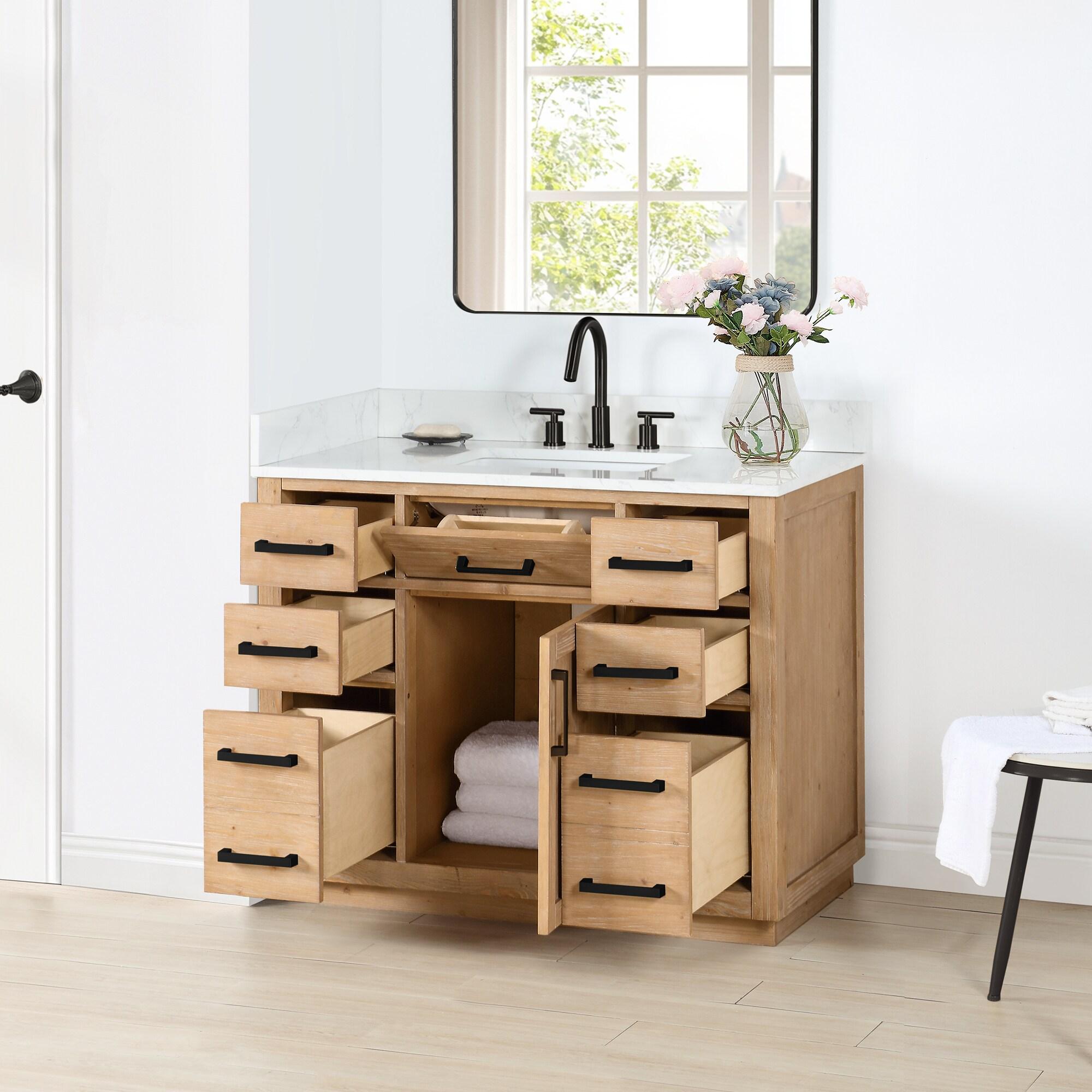 Gavino Tocador de Madera de 42" en Marrón Claro con Tapa de Piedra Compuesta sin Espejo