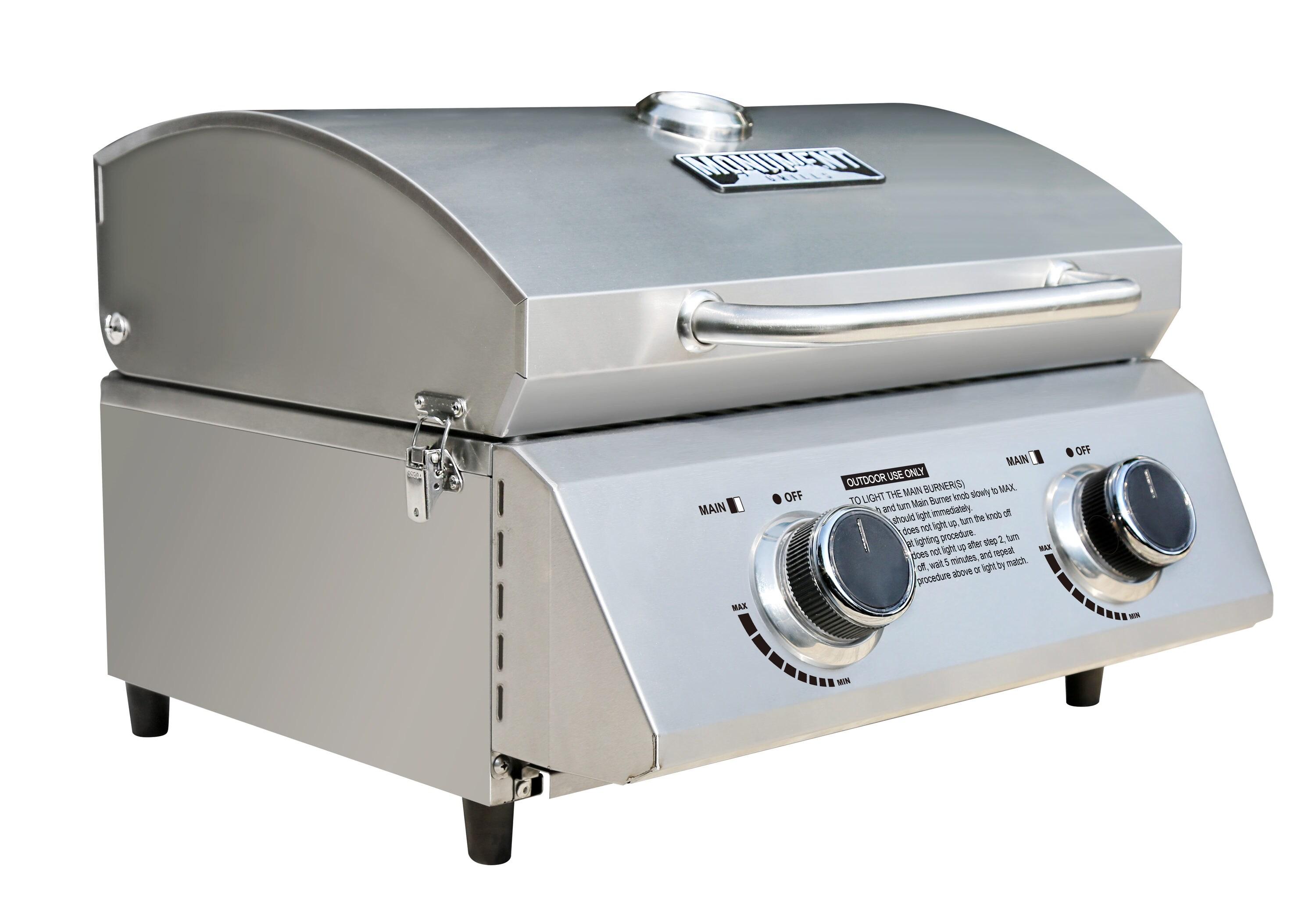 Monument Grills 13742 Tabletop Propane Gas Grill Stainless for Portable Camping Cooking with Travel Locks, High Lid