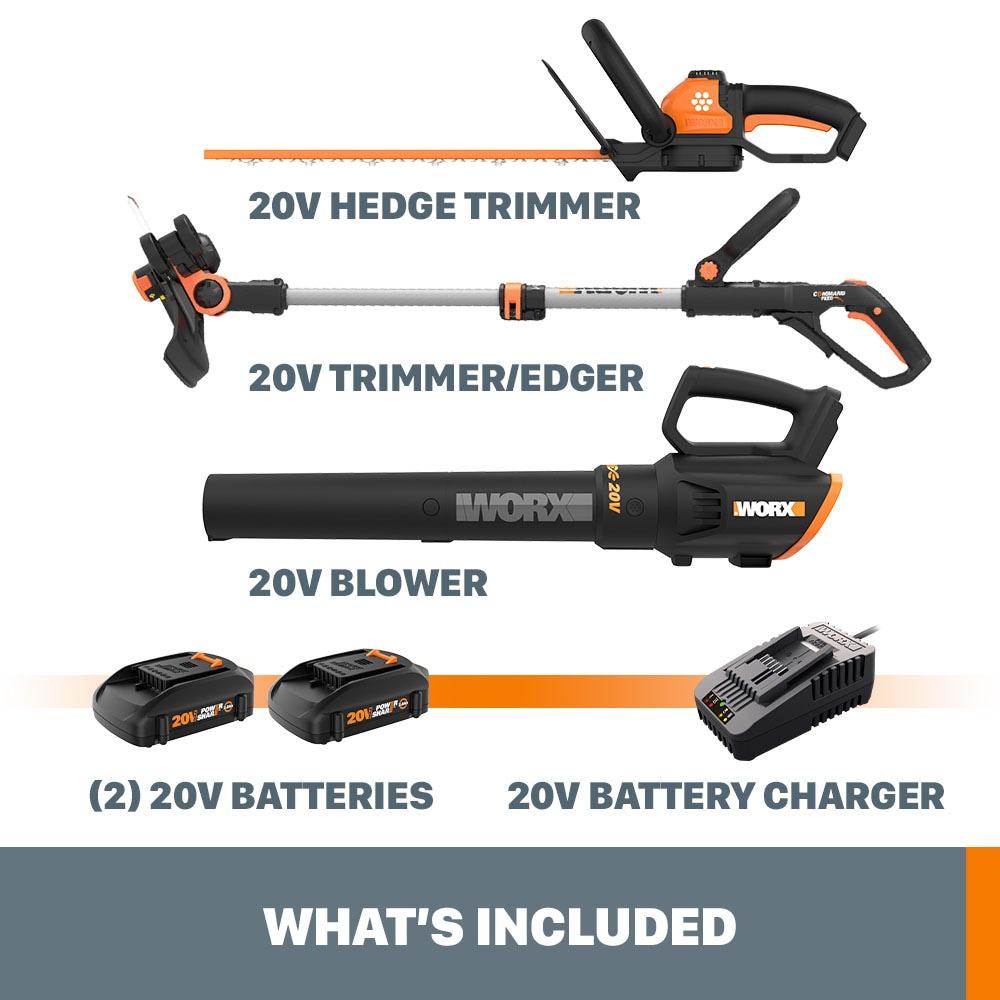 Worx WG931 20V Power Share Cordless Grass Trimmer, Hedge Trimmer, & Blower Combo (Batteries and Charger Included)