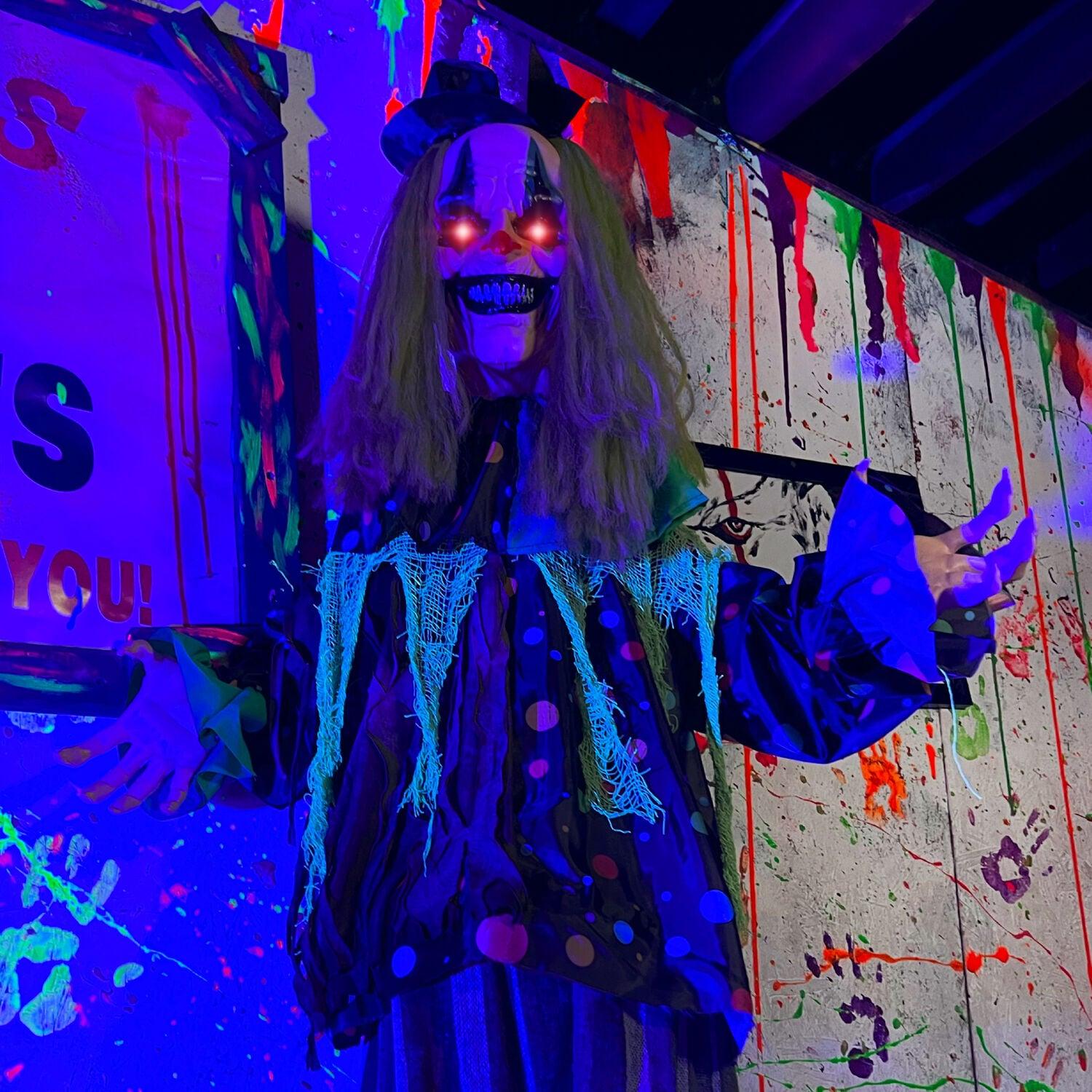 Haunted Hill Farm Lifesize Animatronic Clown with Lights and Sound, Indoor/Covered Outdoor Halloween Decoration