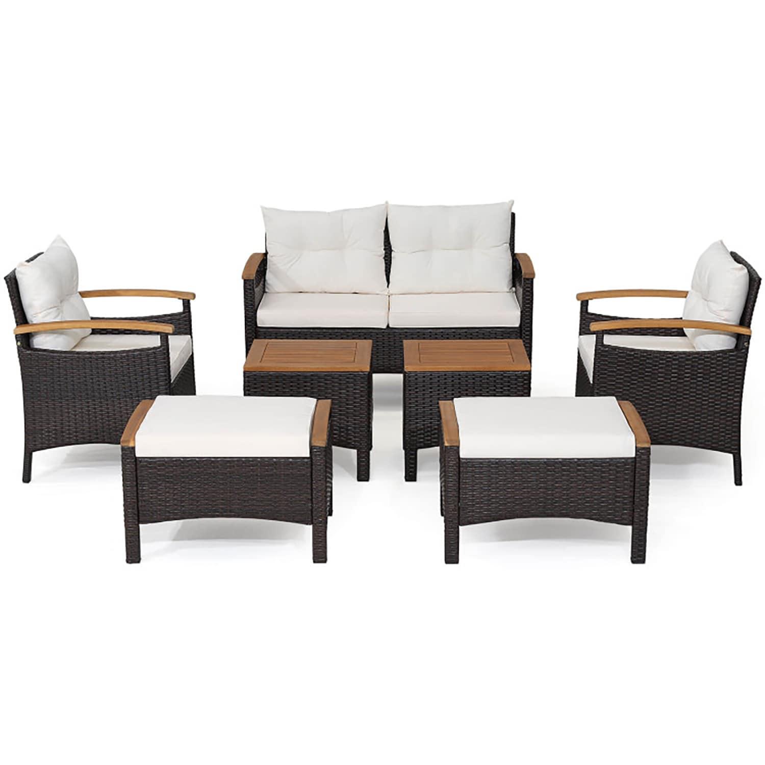 7-Piece Mix Brown Rattan Patio Sofa Set with Off-White Cushions and Acacia Wood