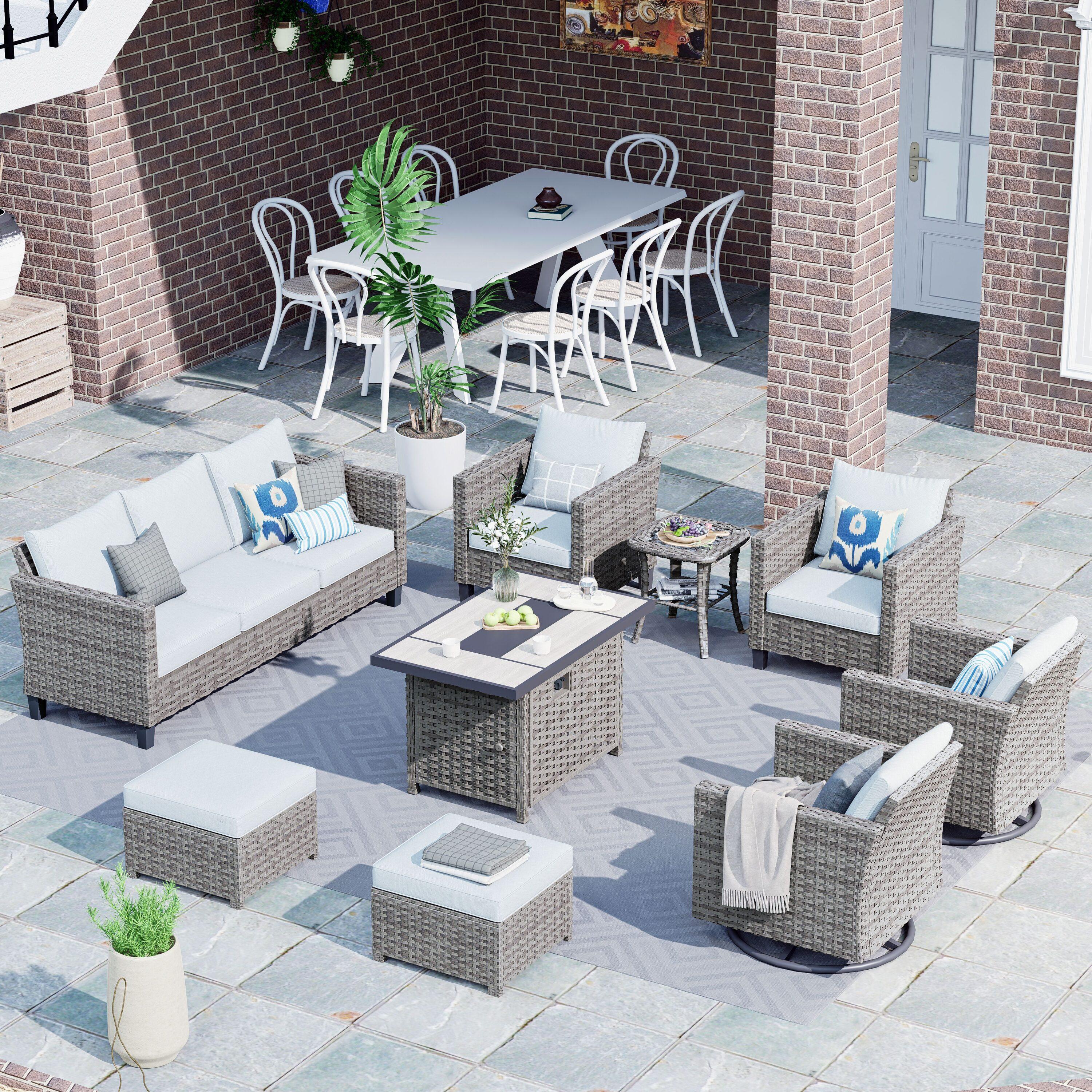 Ovios Venice 11pc Wicker Outdoor Patio Furniture Set Conversation Sofa with a Metal Fire Pit Swivel Chairs and Dark Gray Cushions