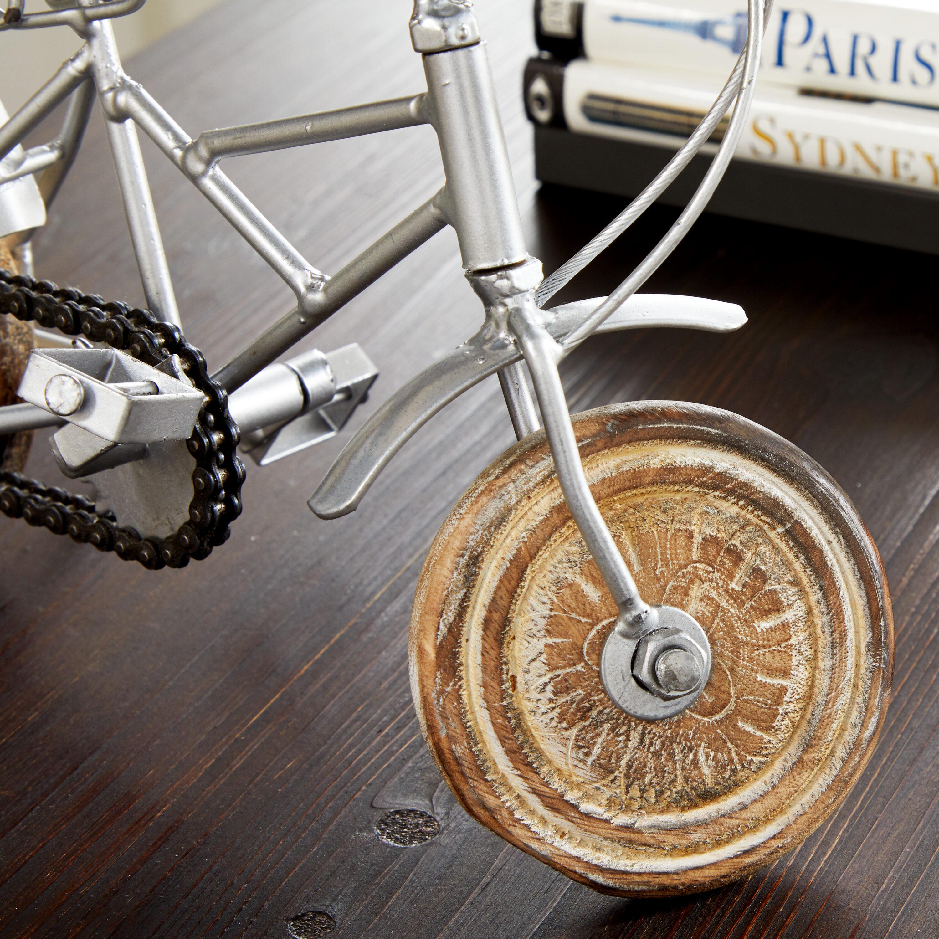 4"W, 8"H Multi Colored Metal Bike Sculpture with Wood Wheels, by DecMode (2 Count)