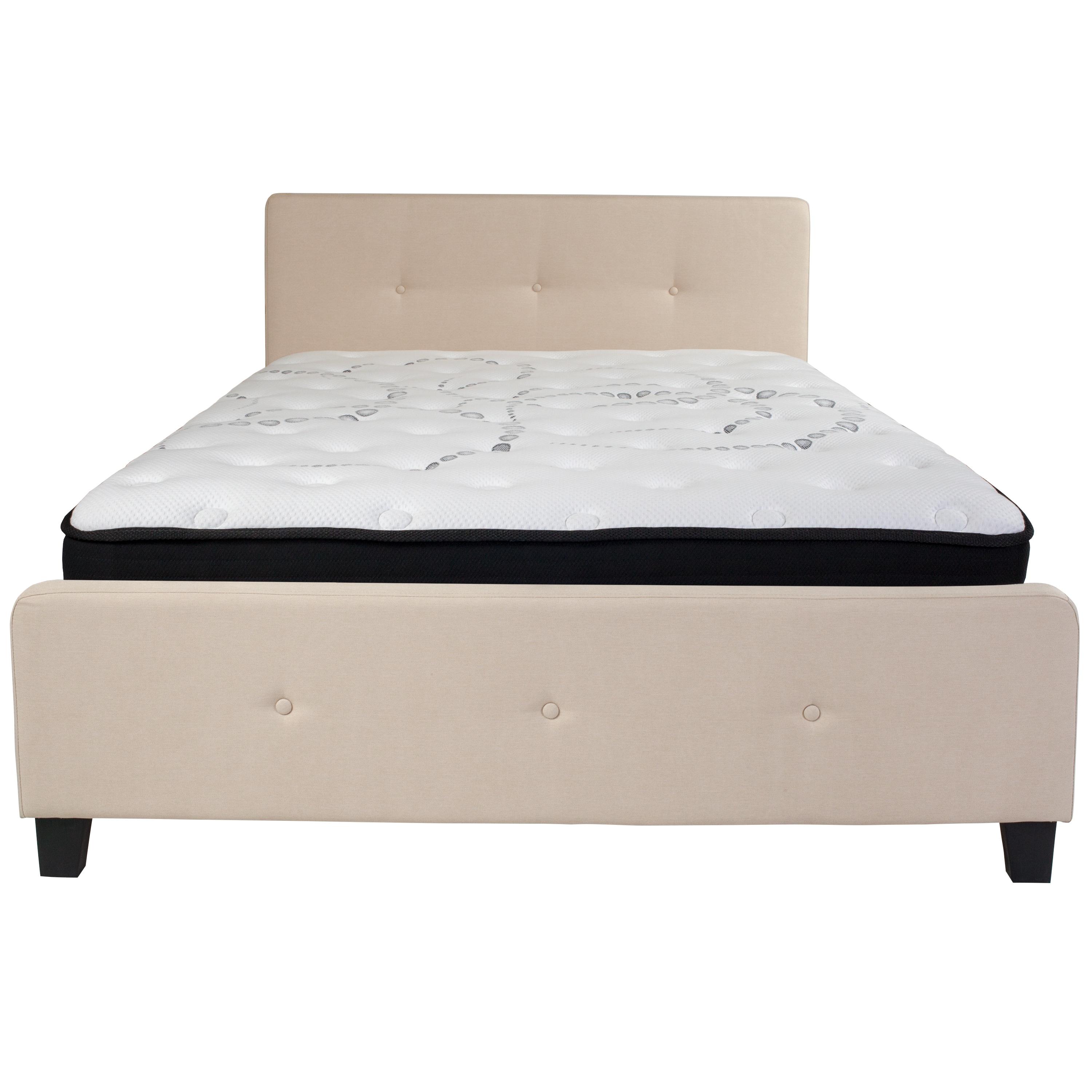 Flash Furniture Tribeca Queen Size Tufted Upholstered Platform Bed in Beige Fabric with Pocket Spring Mattress