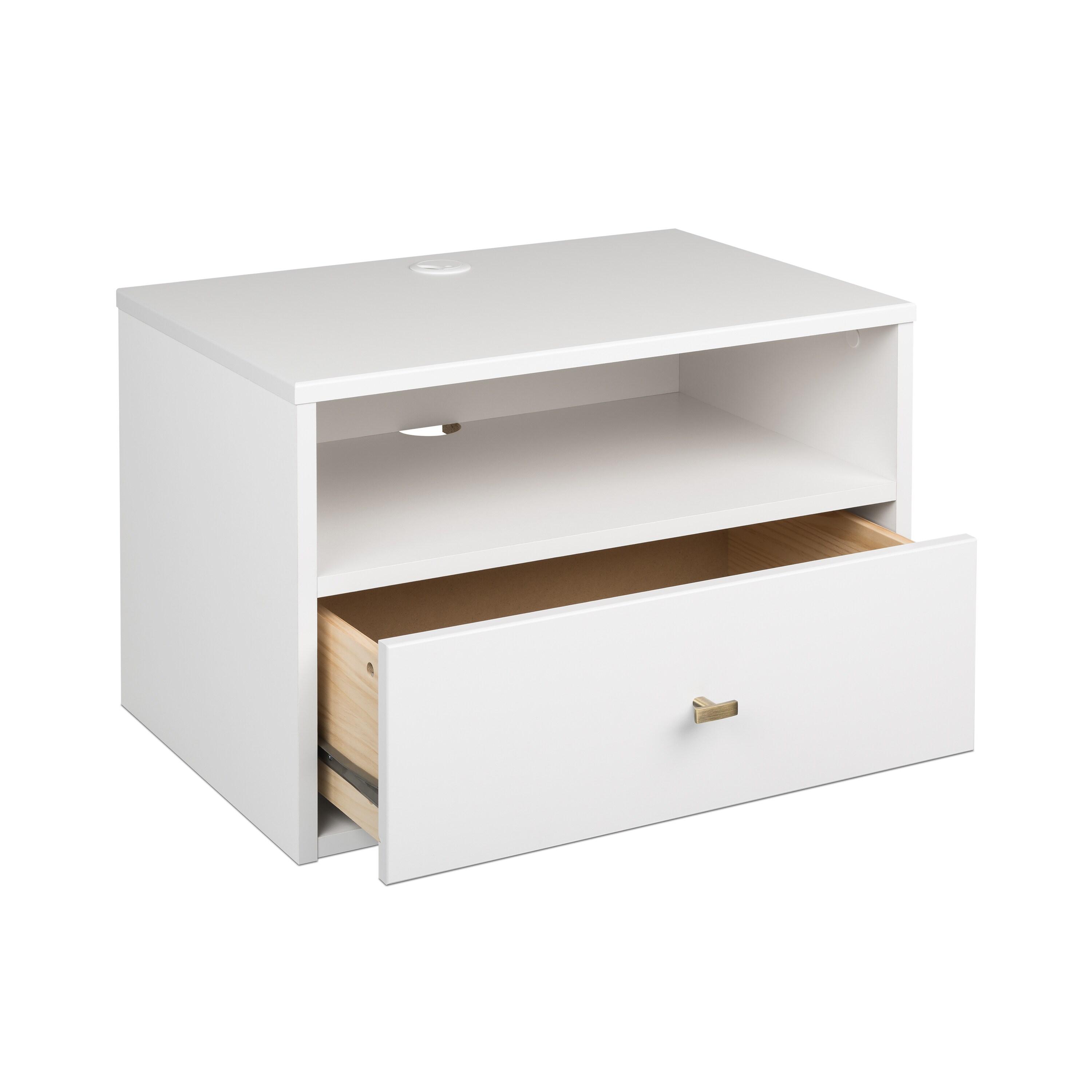 Prepac Floating 1 Drawer Nightstand with Open Shelf White: Modern Wall-Mounted Bedside Furniture with Cable Management & Metal Glides