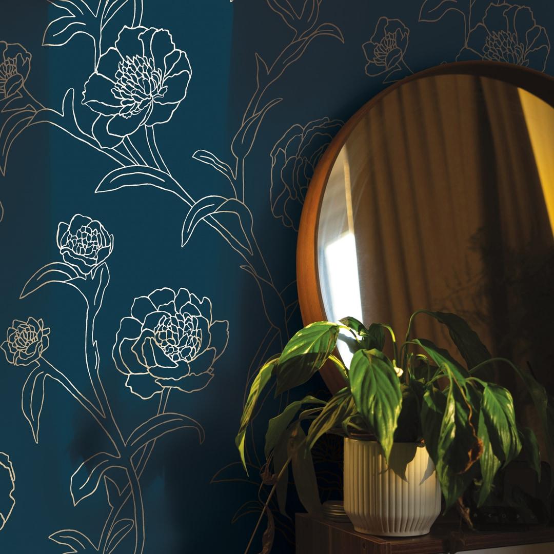 Tempaper & Co.® Peonies Removable Peel and Stick Wallpaper, Peacock Blue and Metallic Gold Floral, 28 sq. ft.: Vinyl Self-Adhesive
