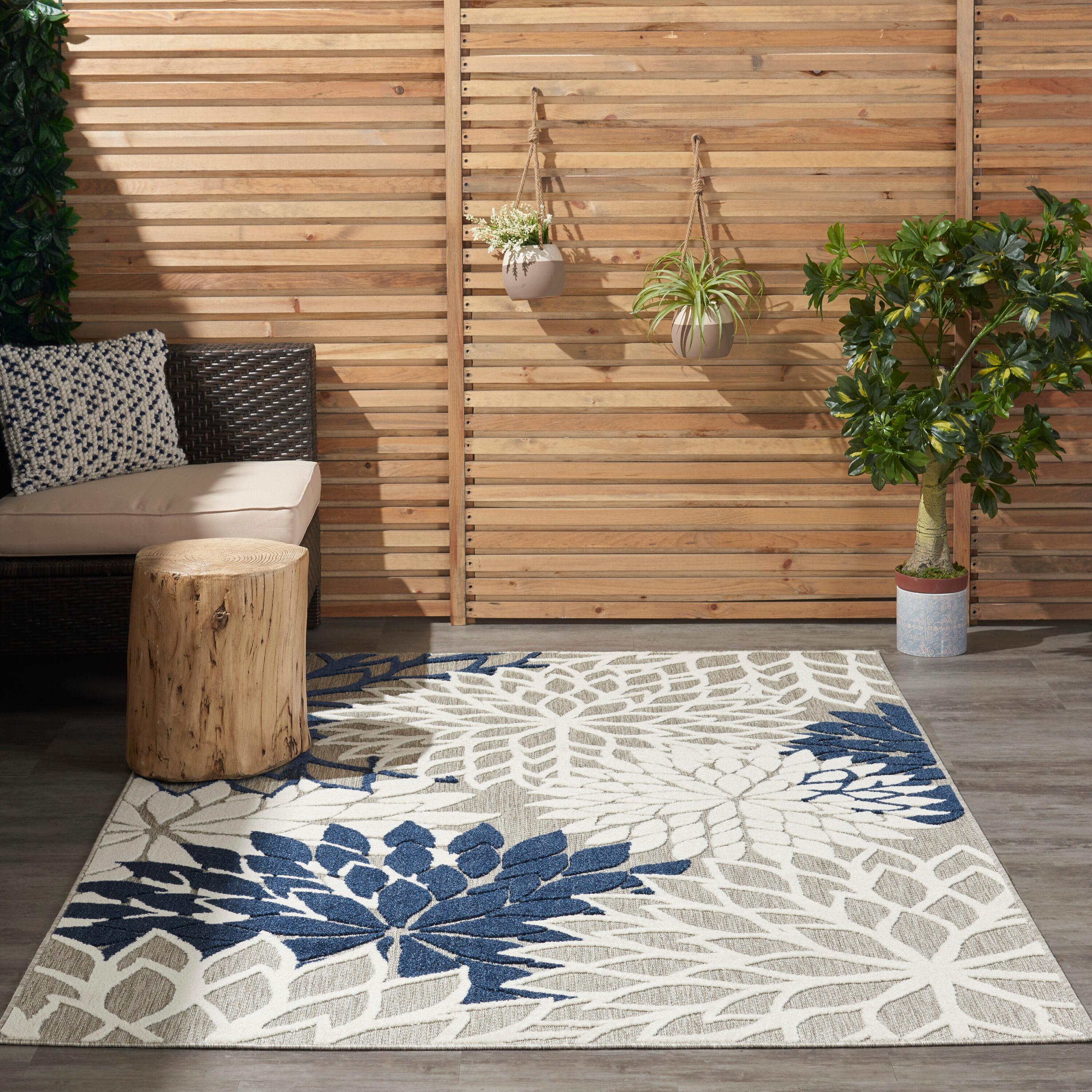 Nourison Aloha Floral Bloom Flatweave High-Low Indoor Outdoor Area Rug Ivory/Navy 6' x 9'