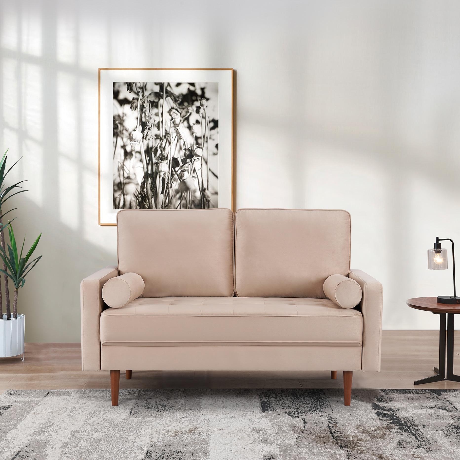 57 Inch Wide Upholstered Two Cushion Loveseat w/ Bolster Pillows in Beige Velvet