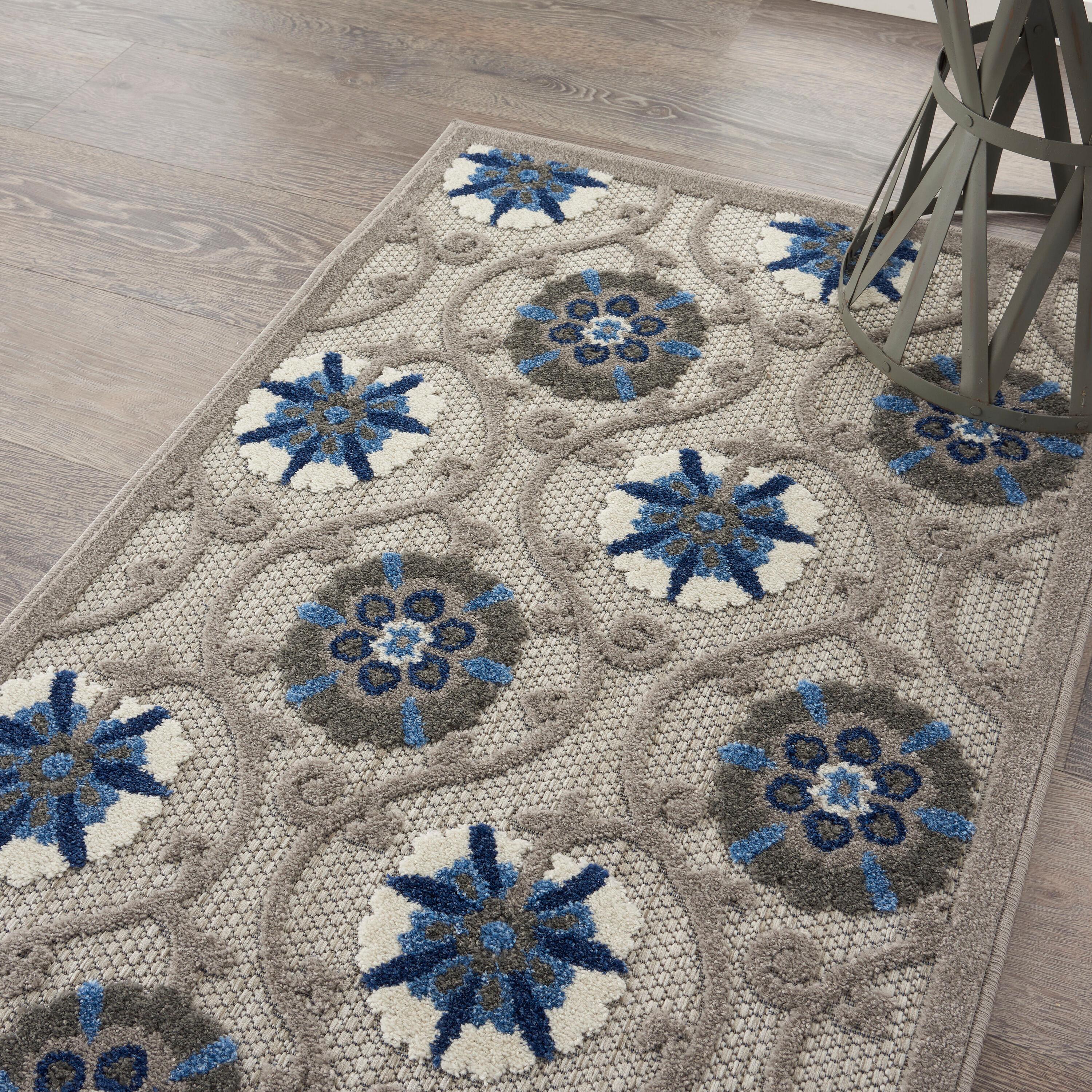 Nourison Aloha Contemporary Floral Flatweave High-Low Indoor Outdoor Area Rug Grey/Blue 2'8" x 4'