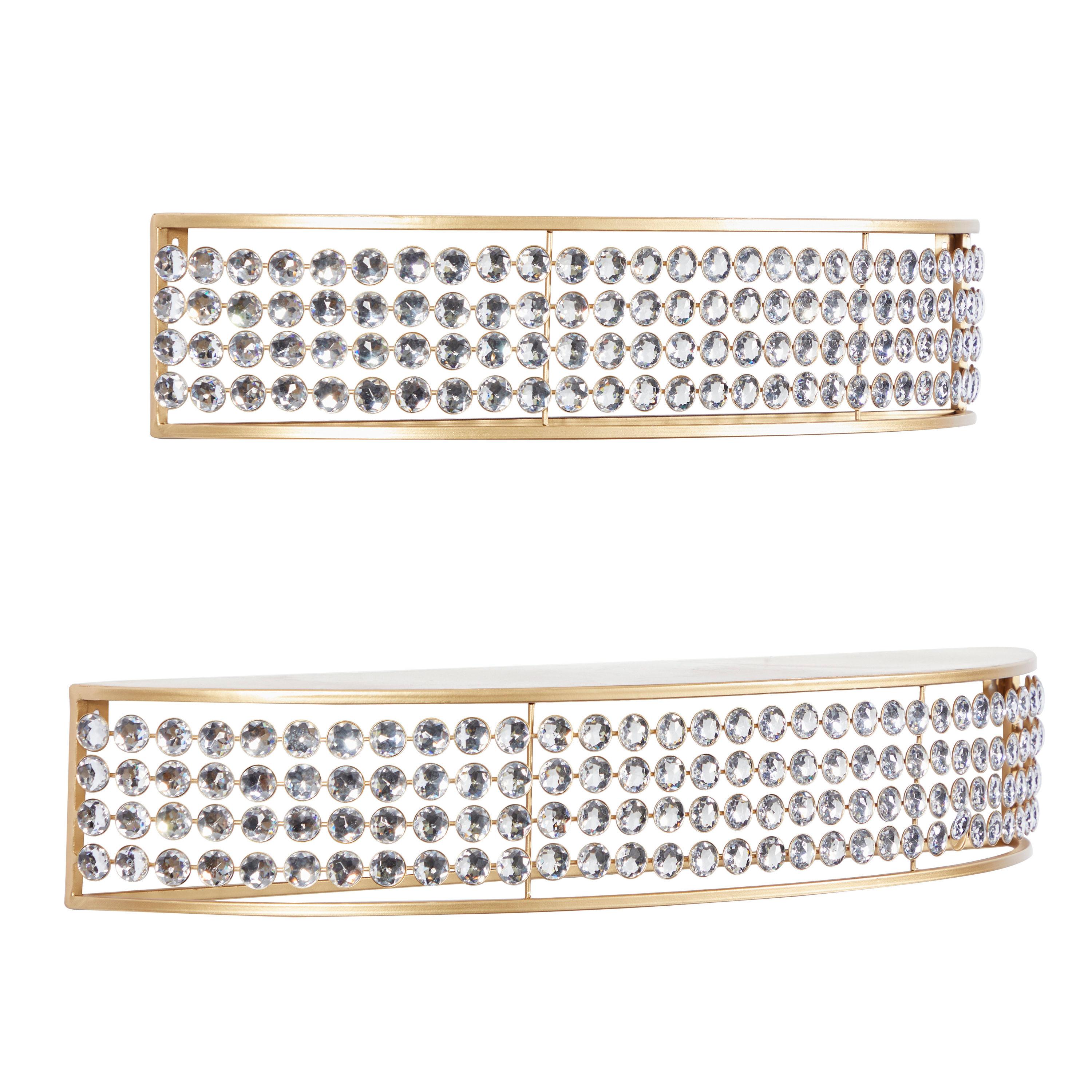 DecMode 5", 5"H Half-Moon 2-Tier Gold Wall Shelf with Crystal Embellishments (2 Count)
