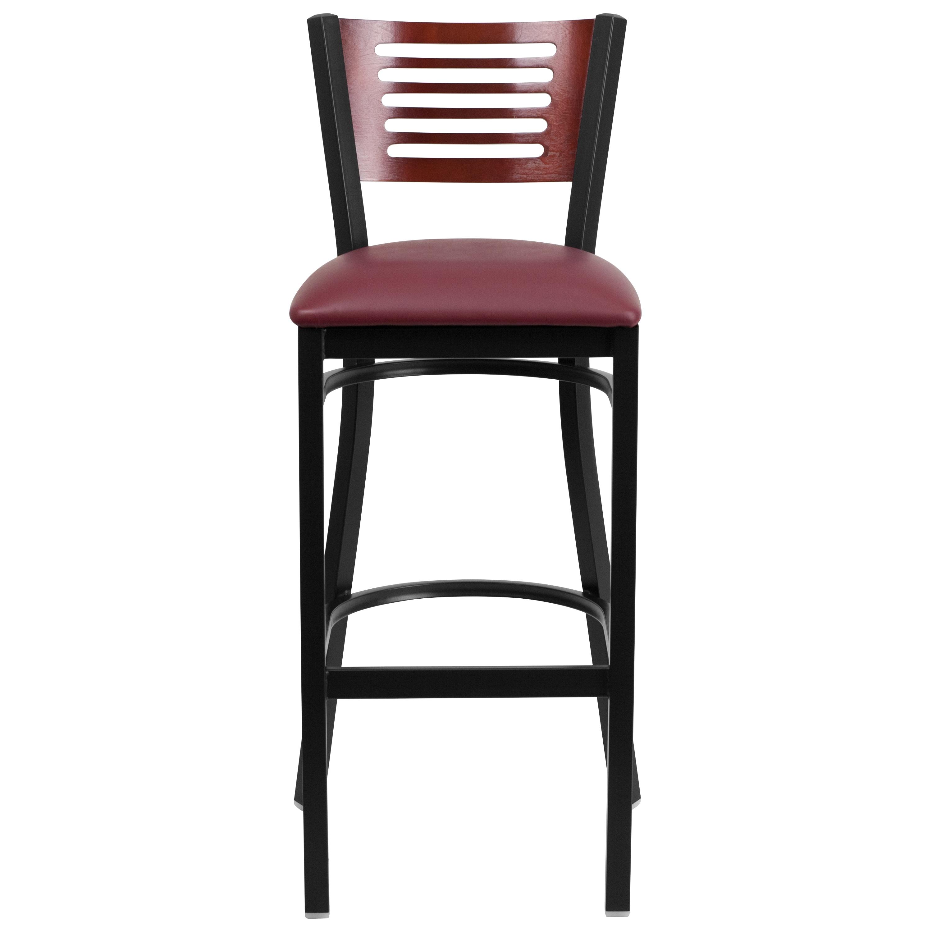 Flash Furniture HERCULES Series Black Slat Back Metal Restaurant Barstool - Mahogany Wood Back, Burgundy Vinyl Seat