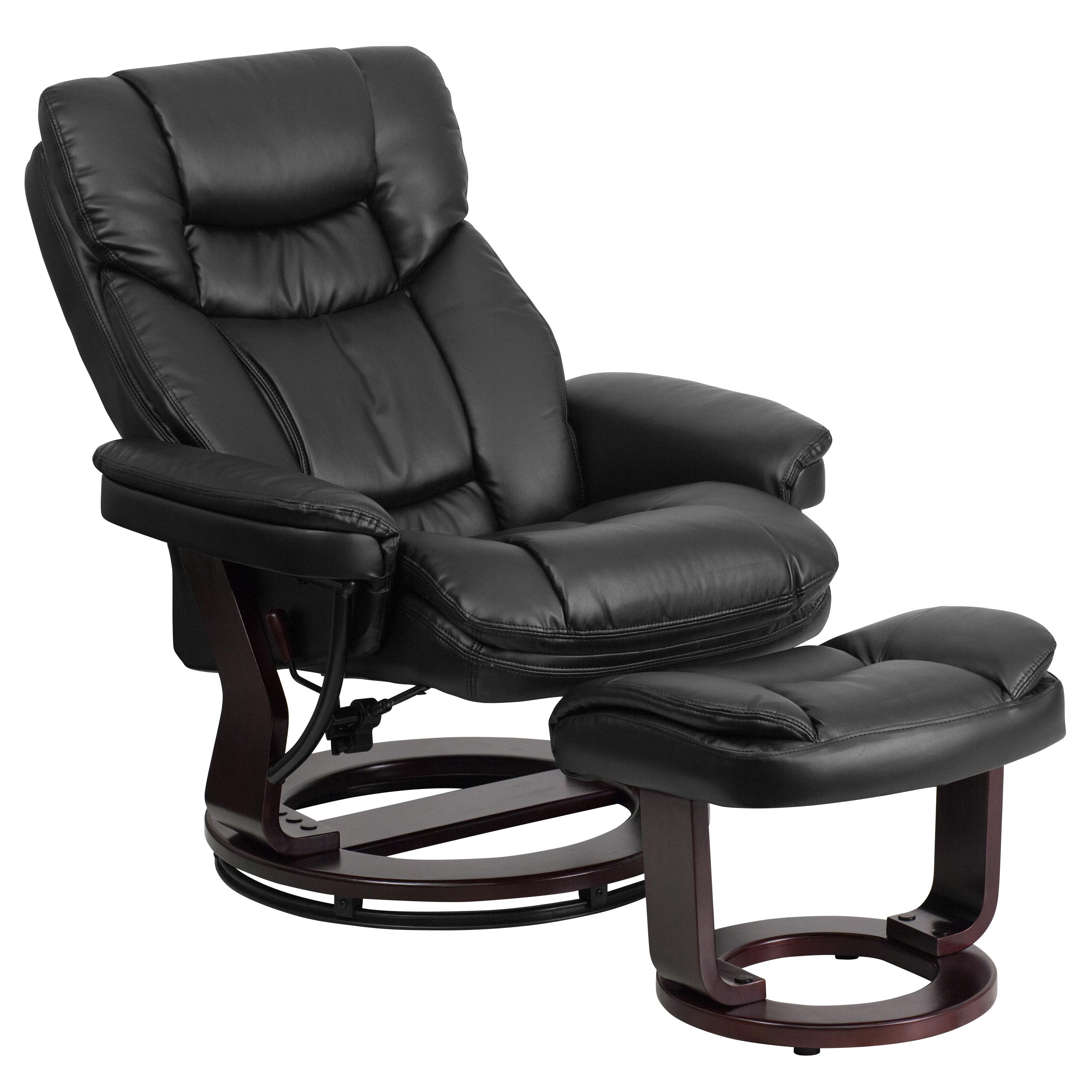 Flash Furniture Contemporary Multi-Position Recliner and Curved Ottoman with Swivel Mahogany Wood Base in Black LeatherSoft