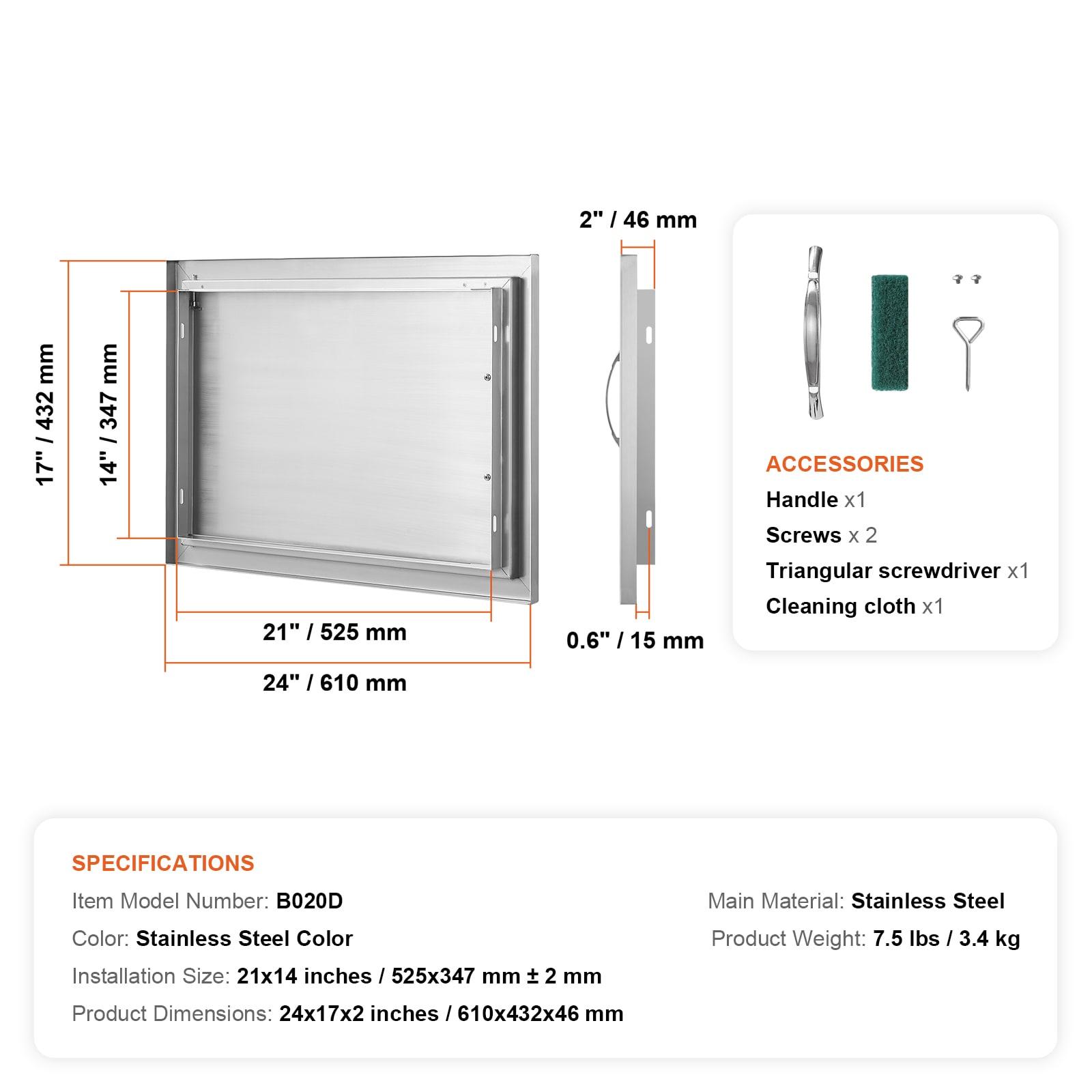 VEVOR BBQ Access Door, 24W x 17H Inch Single Outdoor Kitchen Door, Stainless Steel Flush Mount Door, Wall Vertical Door with Handle, for BBQ Island, Grilling Station, Outside Cabinet