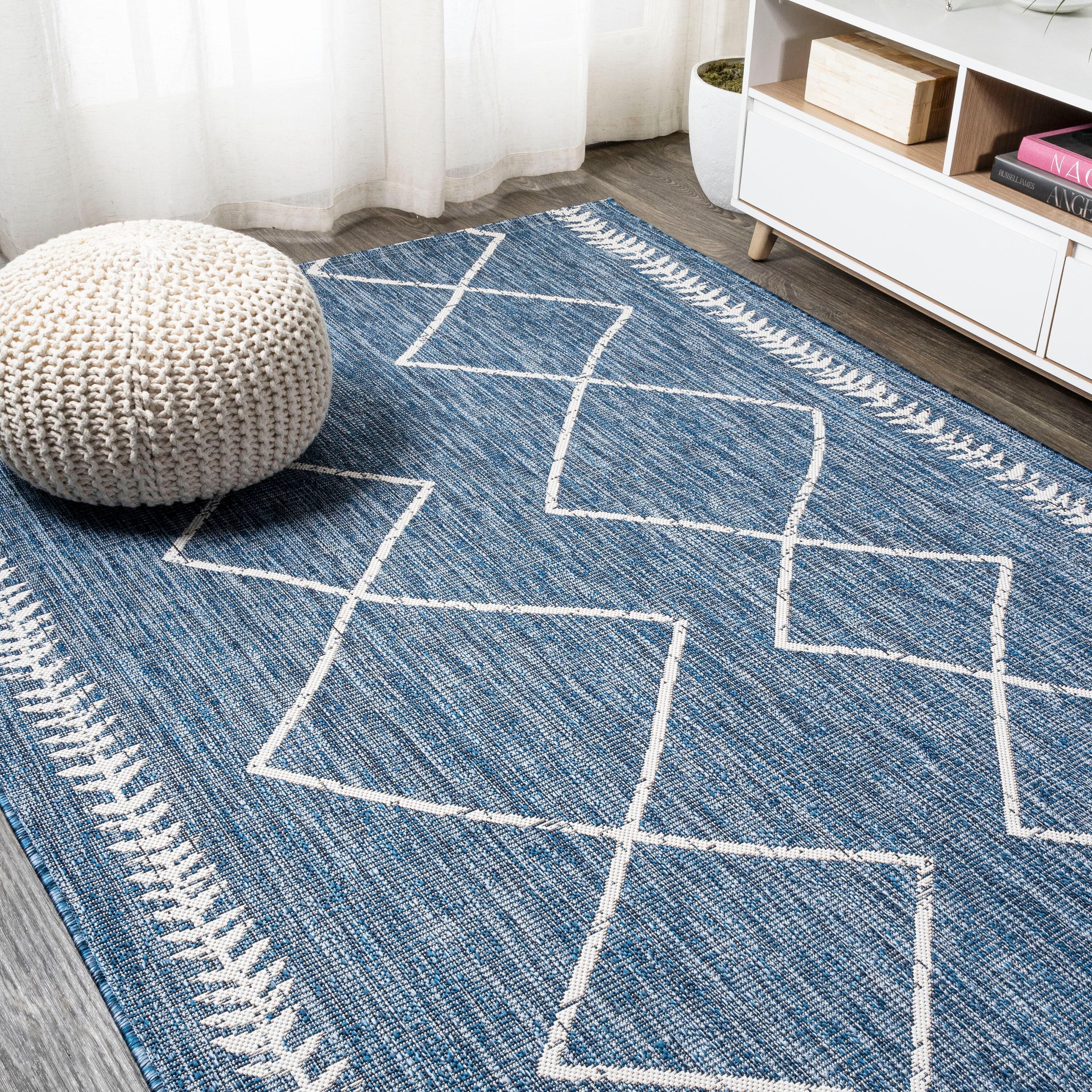 4'x6' Derya  Diamond Trellis Indoor/Outdoor Area Rug, Blue/Ivory - JONATHAN Y