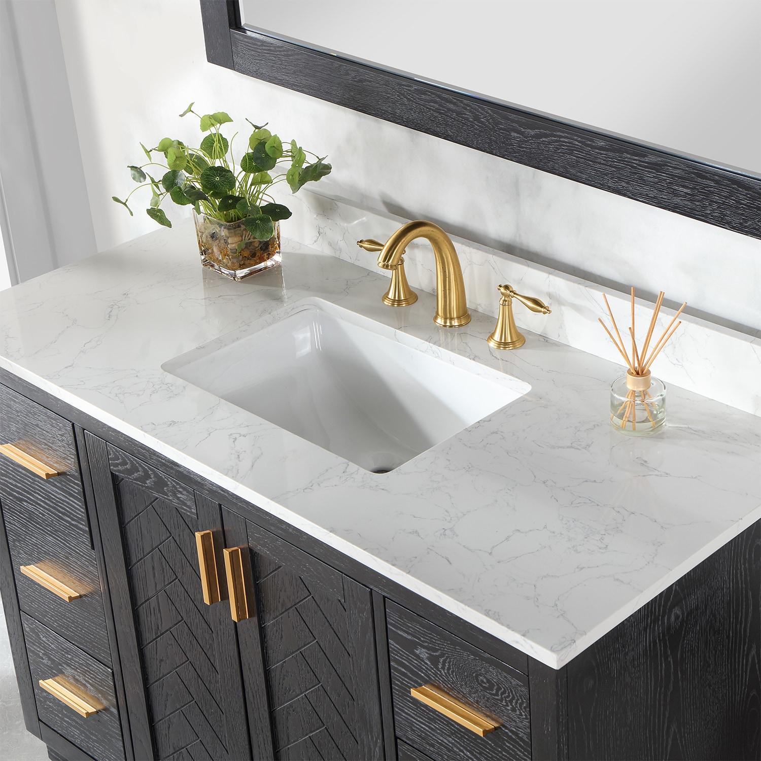 Gazsi 48" Single Bathroom Vanity Set in Black Oak with Grain White Composite Stone Countertop without Mirror