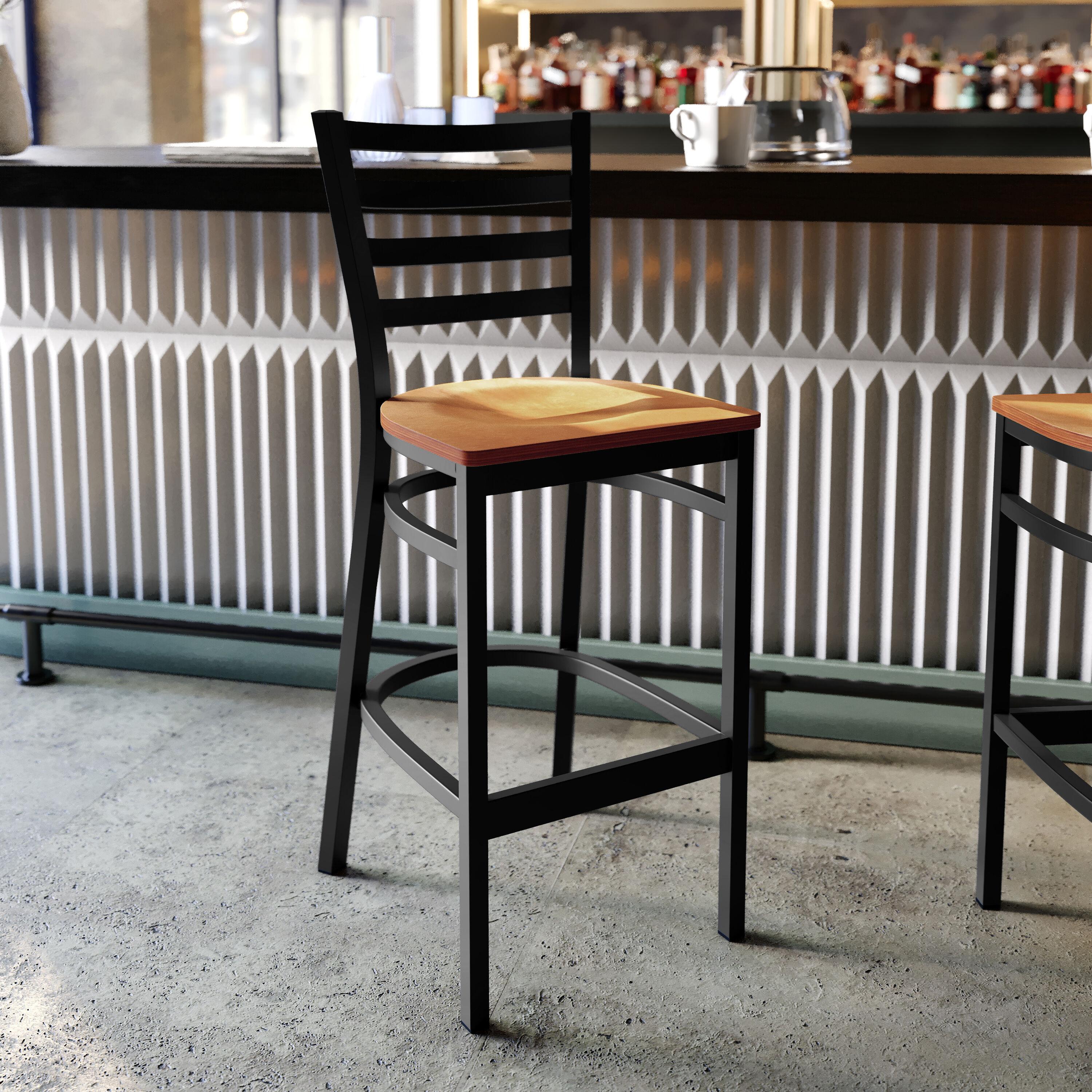 Flash Furniture HERCULES Series Black Ladder Back Metal Restaurant Barstool - Natural Wood Seat