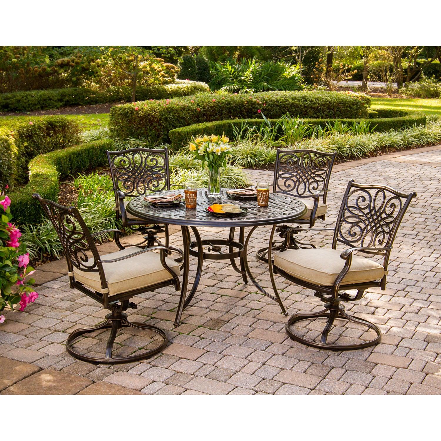 Hanover Traditions 5 Pcs Aluminum Outdoor Dining Set Seats 4 with Umbrella, Tan
