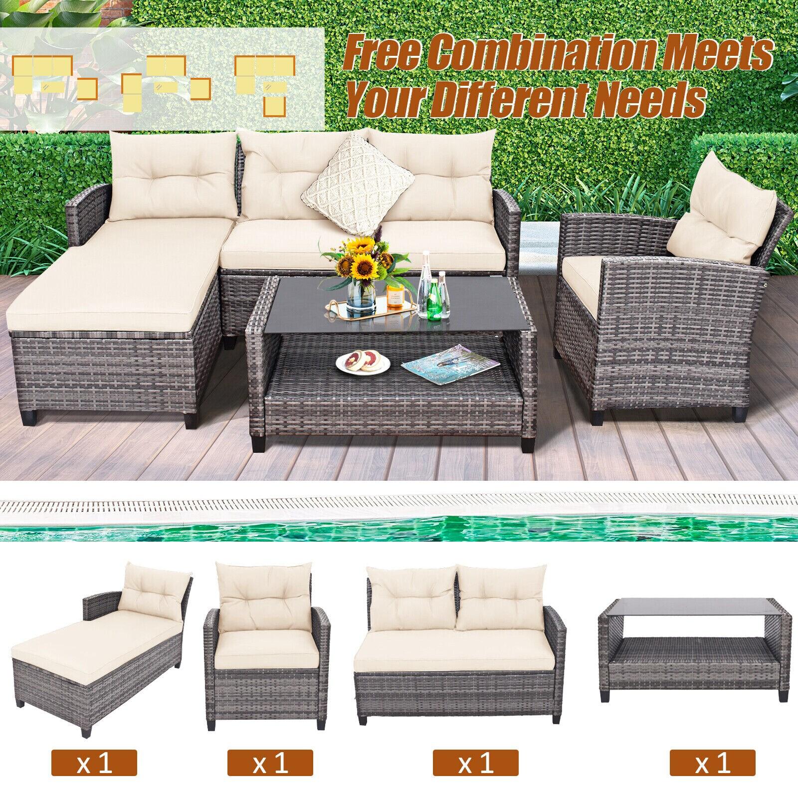 Costway 4PCS Patio Rattan Furniture Set Sofa Ottoman Cushion Garden Deck White