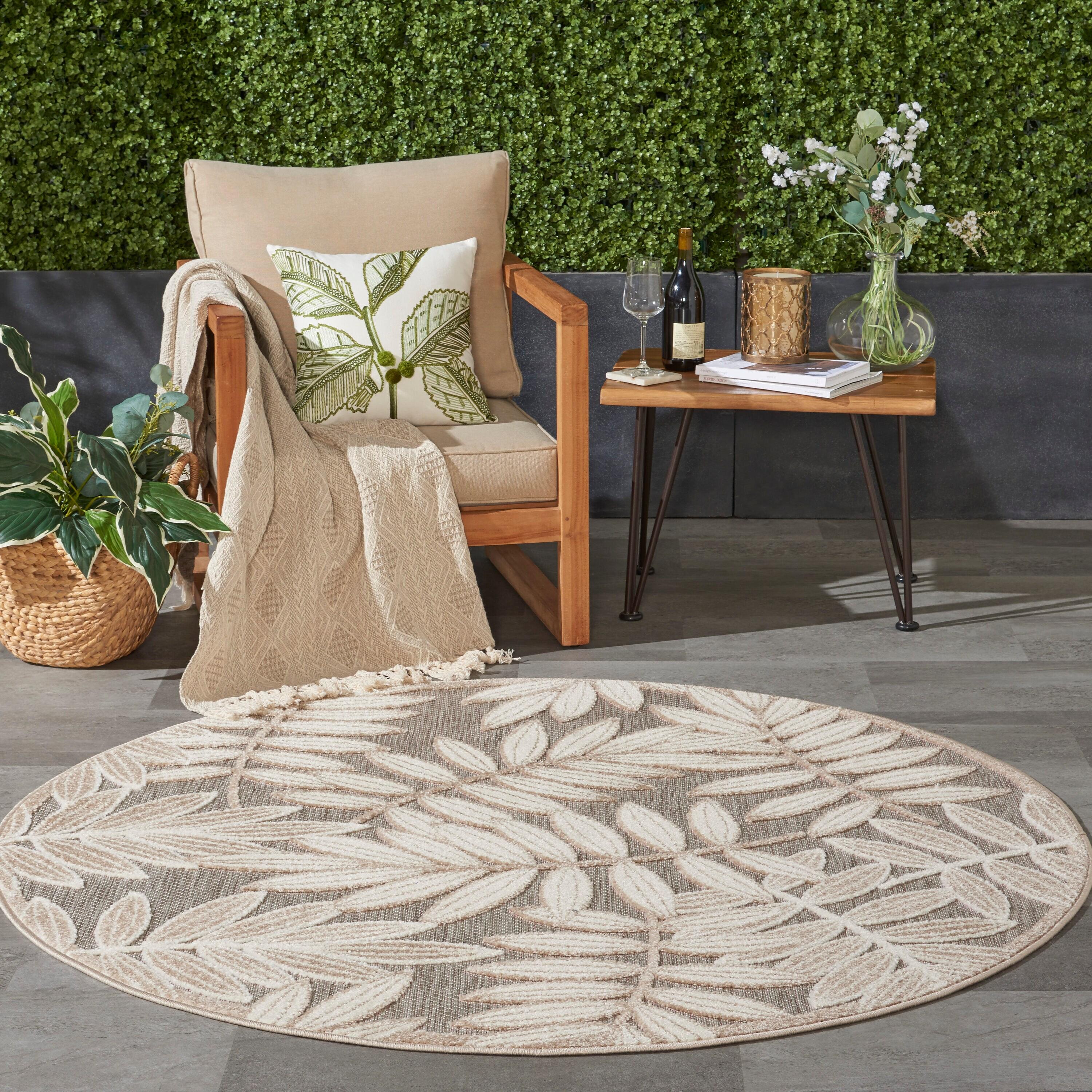 Nourison Aloha Floral Leaf Flatweave High-Low Indoor Outdoor Round Rug Natural 5'3" x 5'3"