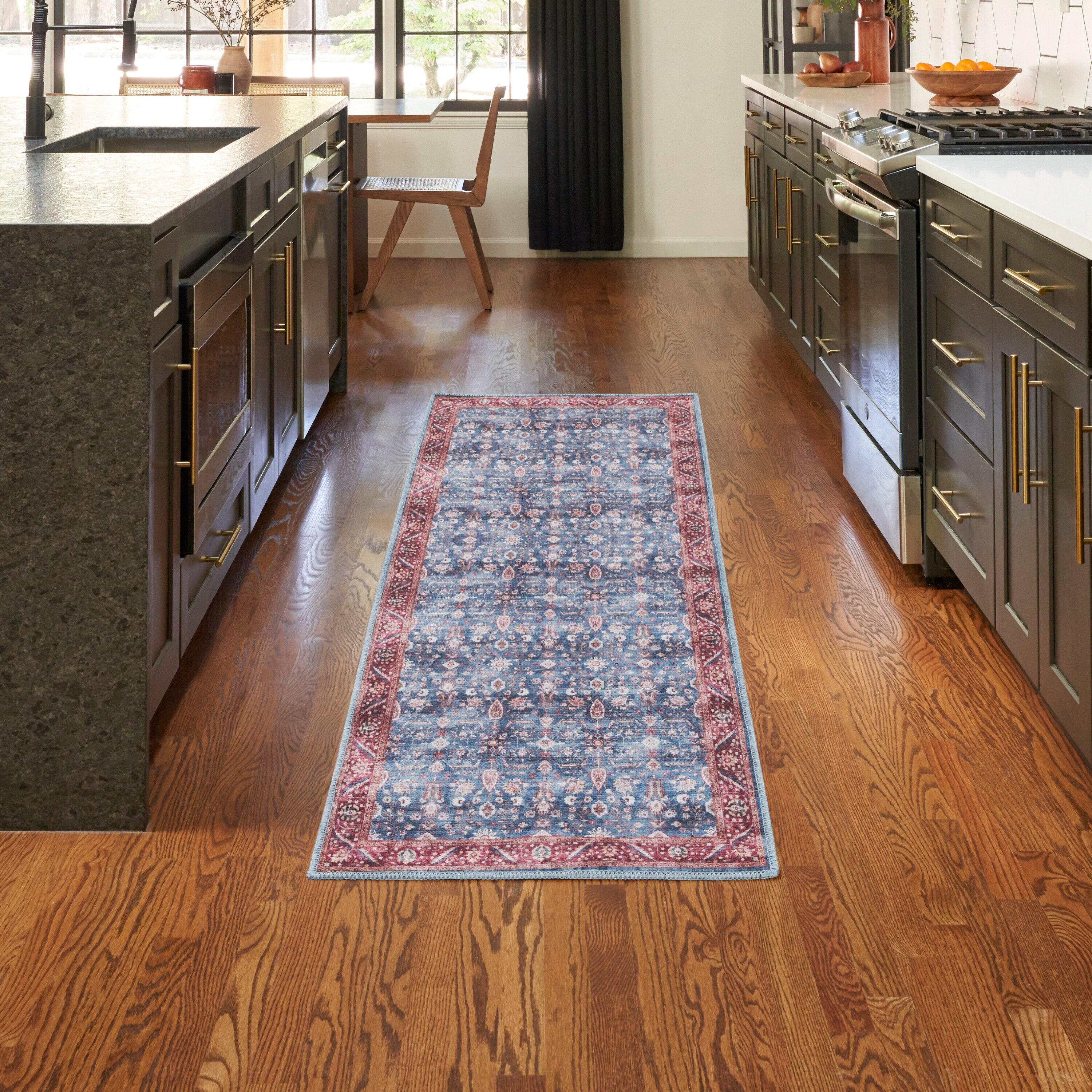 Nourison Washable Brilliance 2' x 6' Blue/Brick Vintage Indoor Bathroom, Kitchen Runner Rug