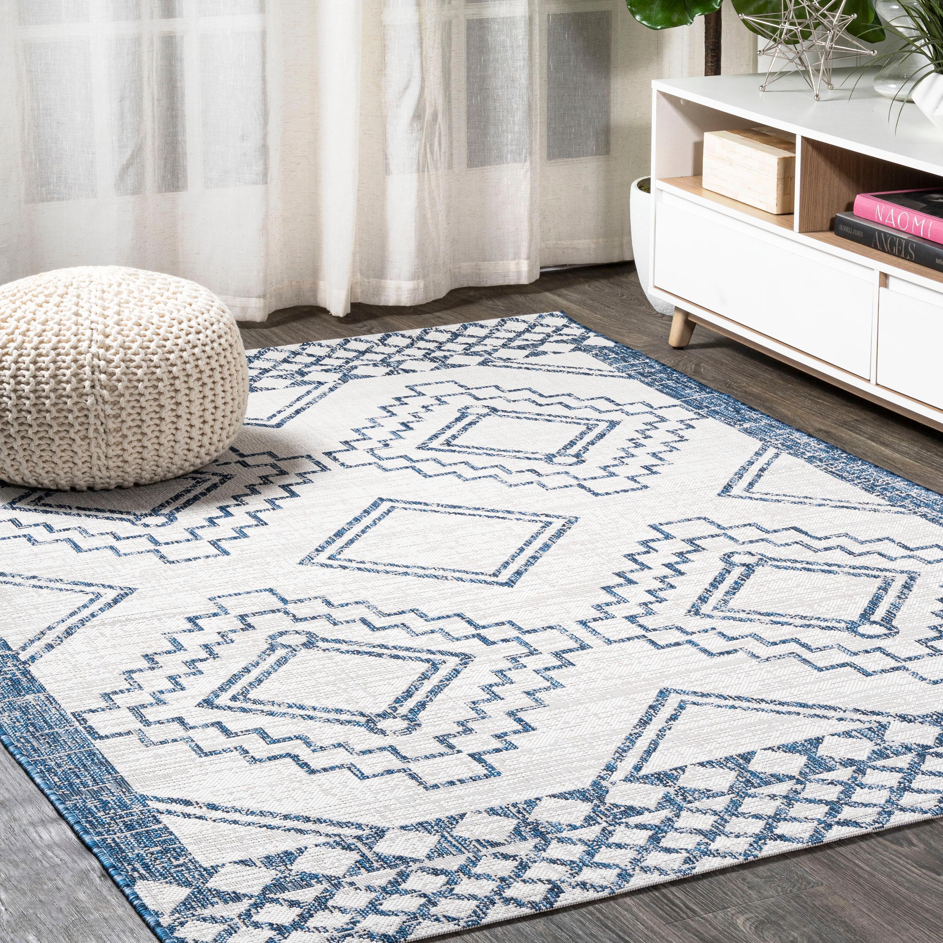 3'x5' Marokko Diamond  Medallion Indoor/Outdoor Area Rug, Ivory/Blue - JONATHAN Y