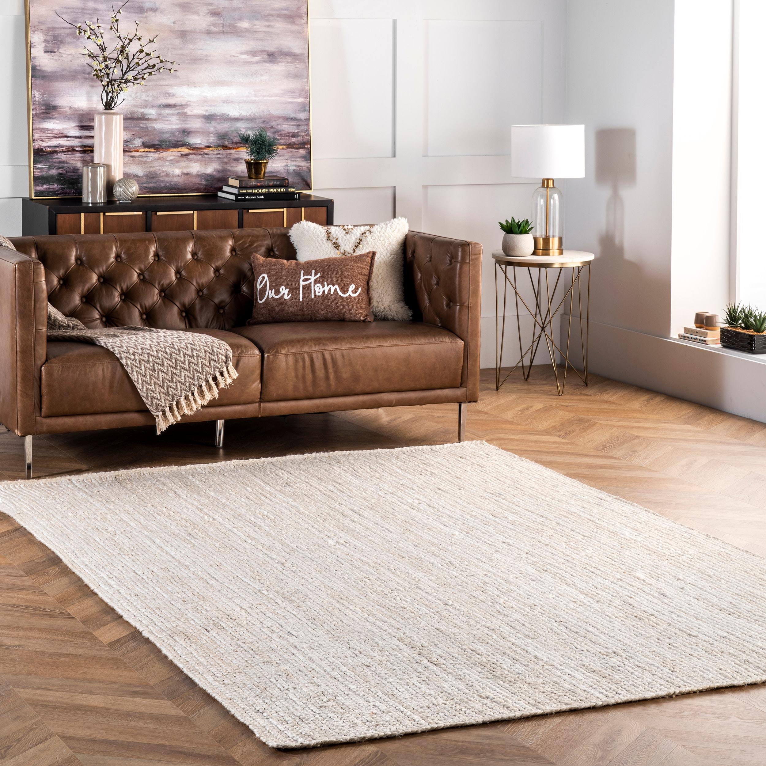 Nuloom 10 Square Rigo Jute Hand Woven Indoor Area Rug, Off White, Solid Farmhouse Design, Natural Fiber Bedroom, Living Room, Kitchen,