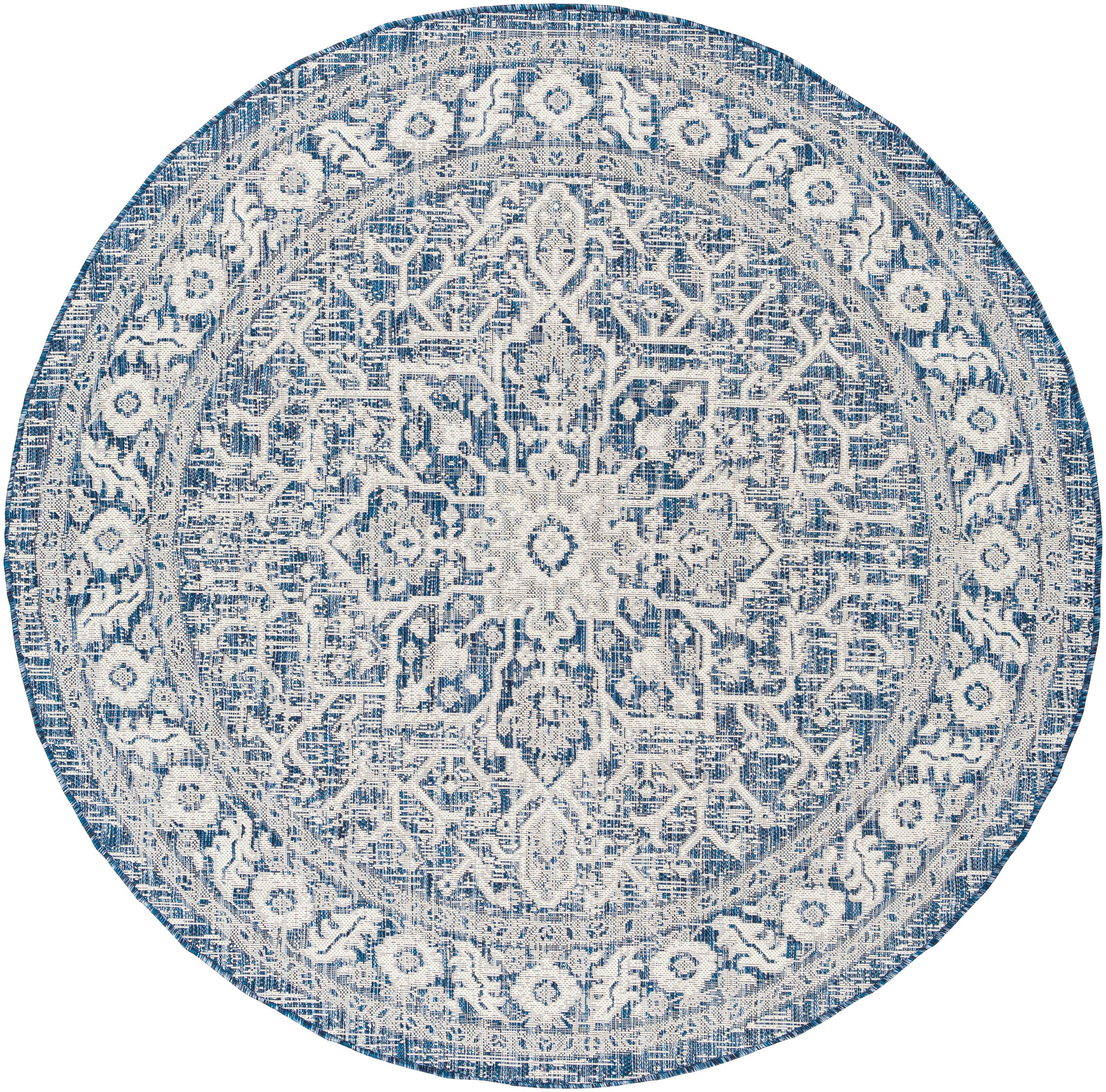 Eagean Blue and White Round Synthetic Outdoor Rug