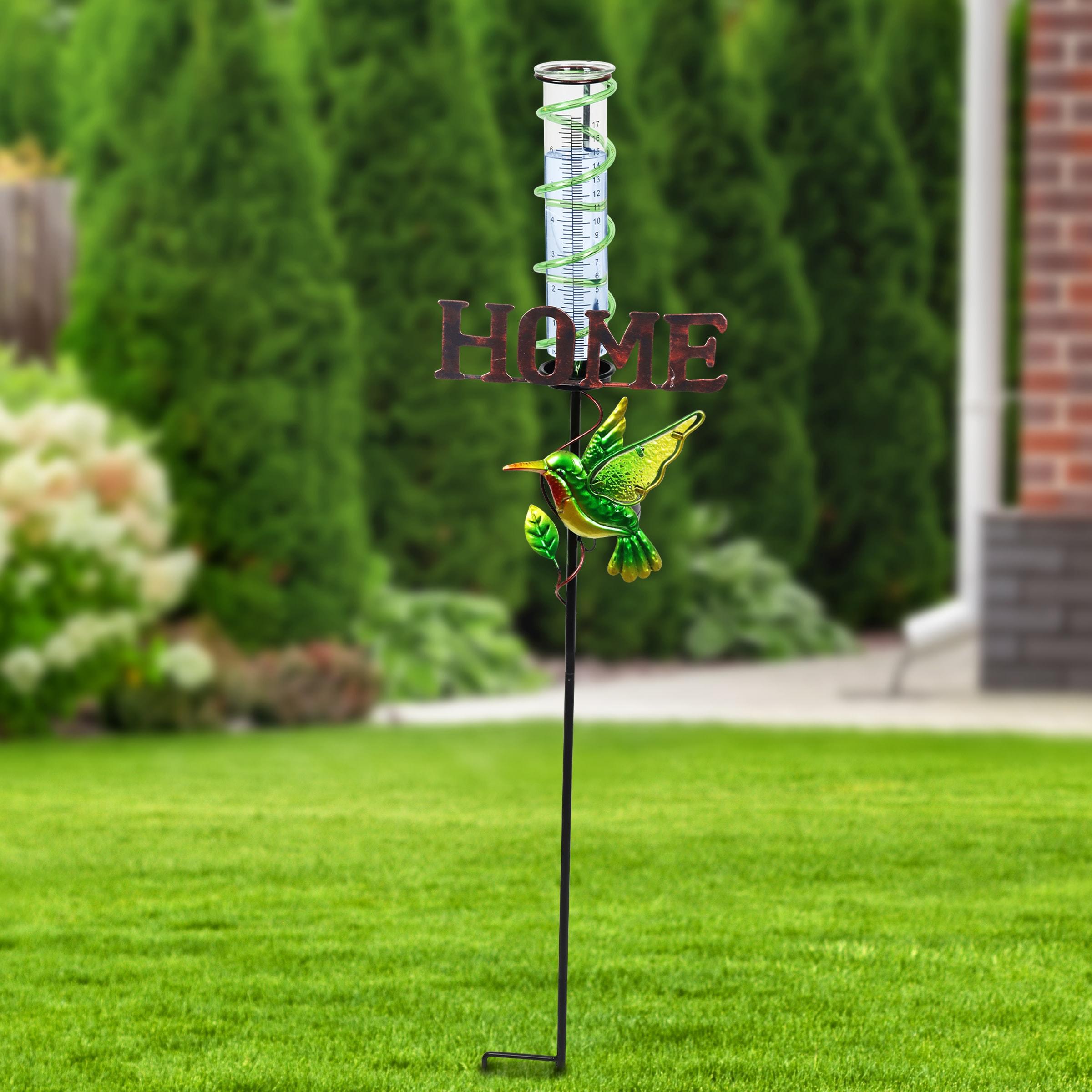 Exhart Solar Hummingbird Rain Gauge Garden Stake Reads HOME, 12.5 by 31.5 Inches