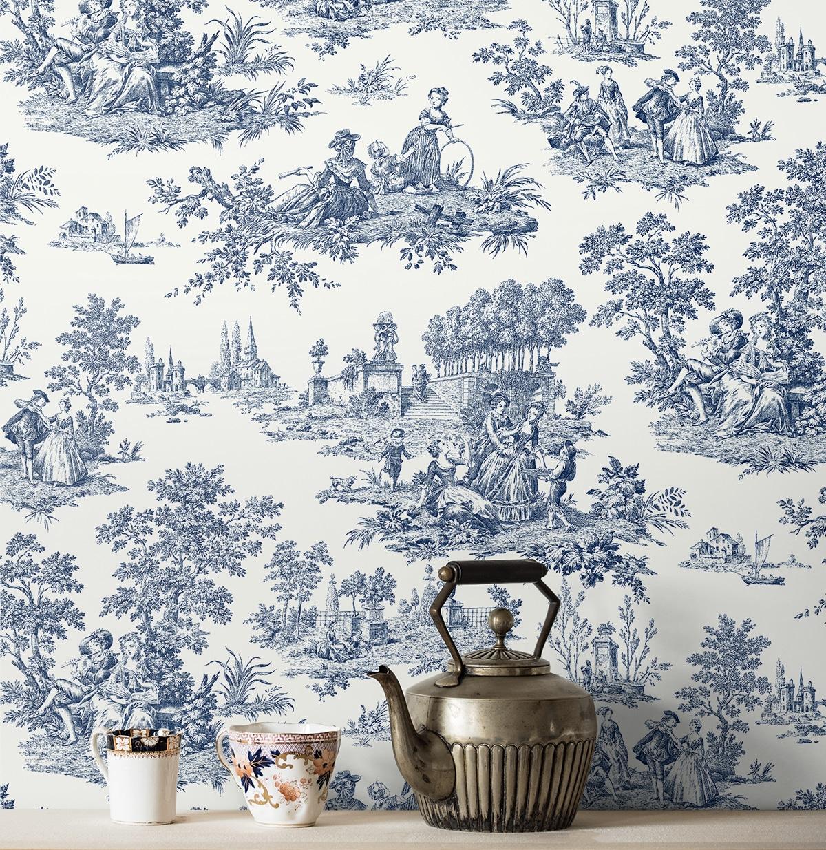 NextWall Blue Bell Chateau Toile Peel and Stick Wallpaper