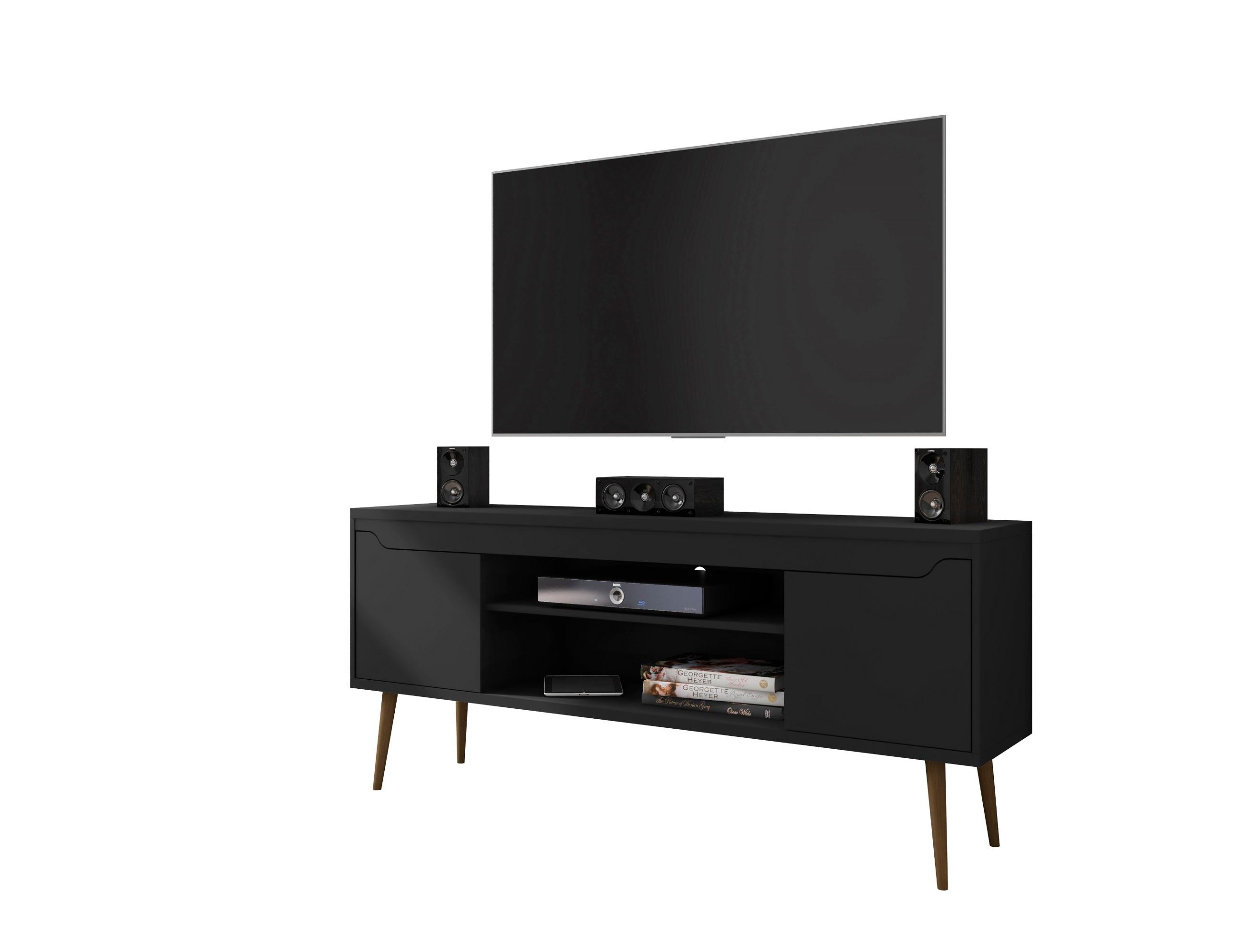 Bradley TV Stand for TVs up to 60" Black - Manhattan Comfort: Modern Entertainment Center with Open Shelves