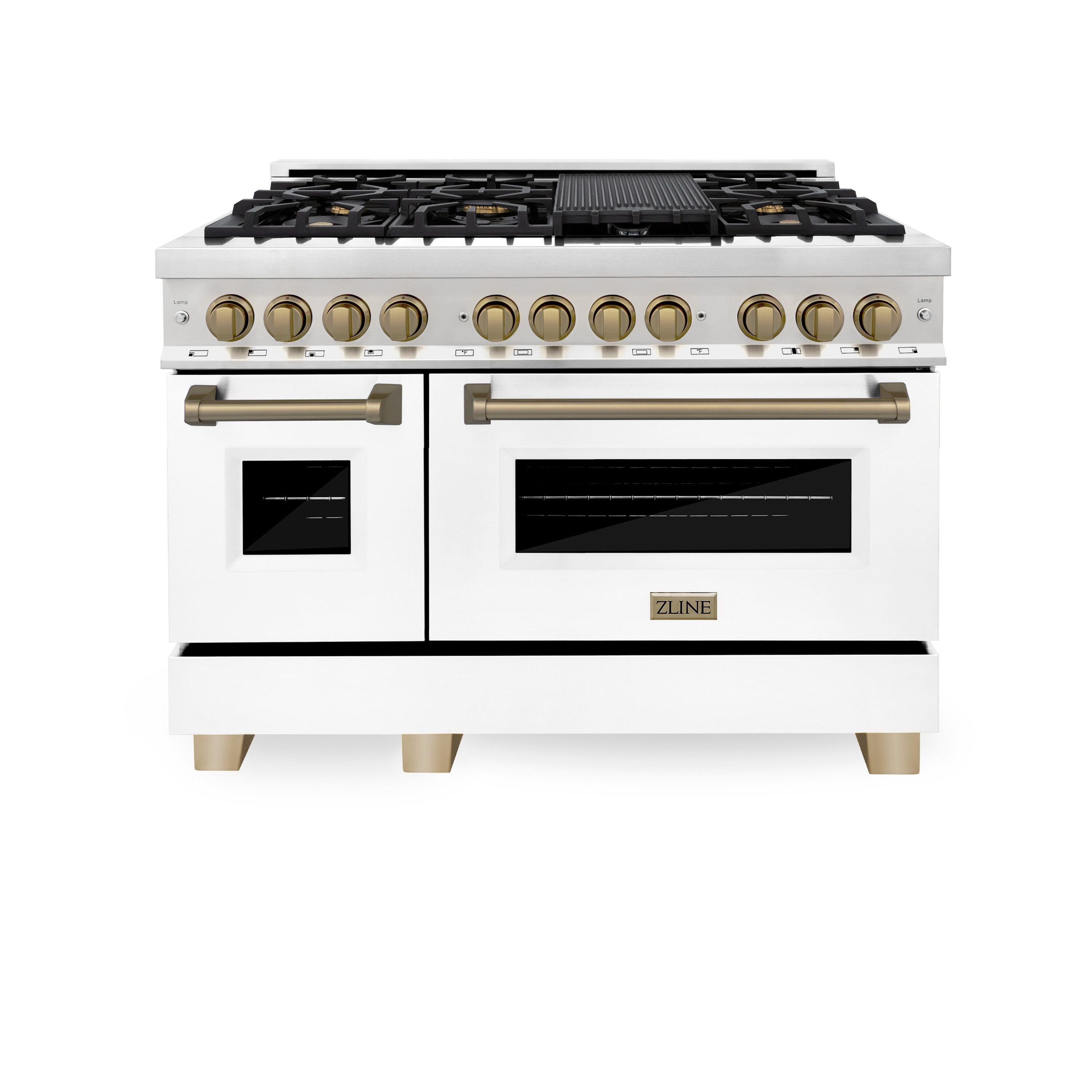 ZLINE 48 in. Autograph Edition Dual Fuel Range in Stainless Steel with White Matte Door and Champagne Bronze Accents (RAZ-WM-48-