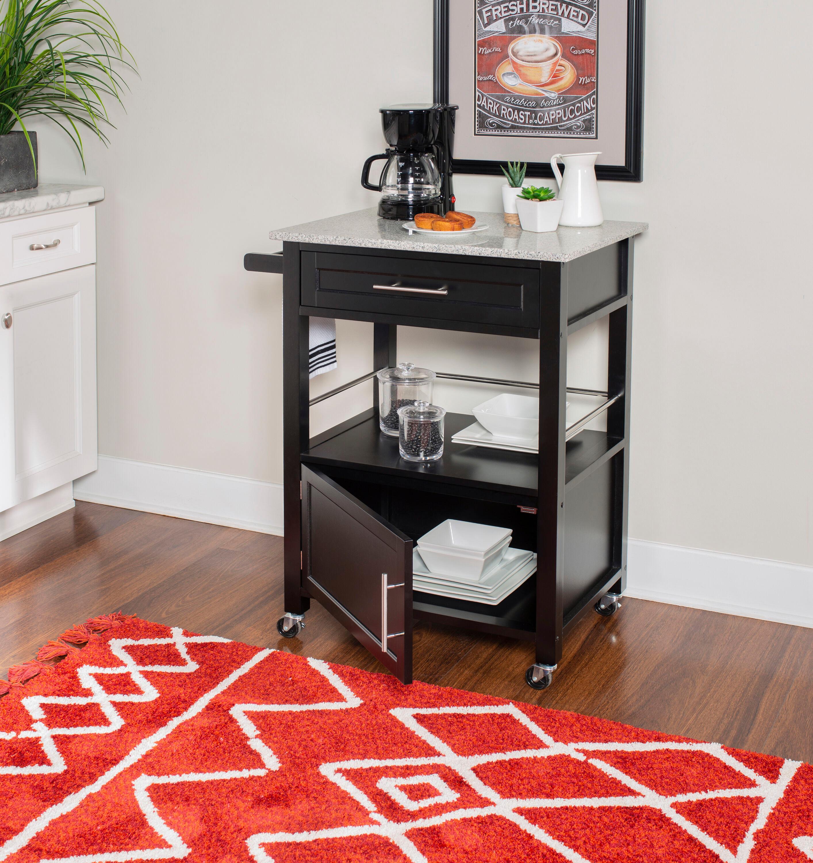 Mitchell Black Wood Granite Top Kitchen Cart: Storage, Towel Bar, Locking Casters - Linon