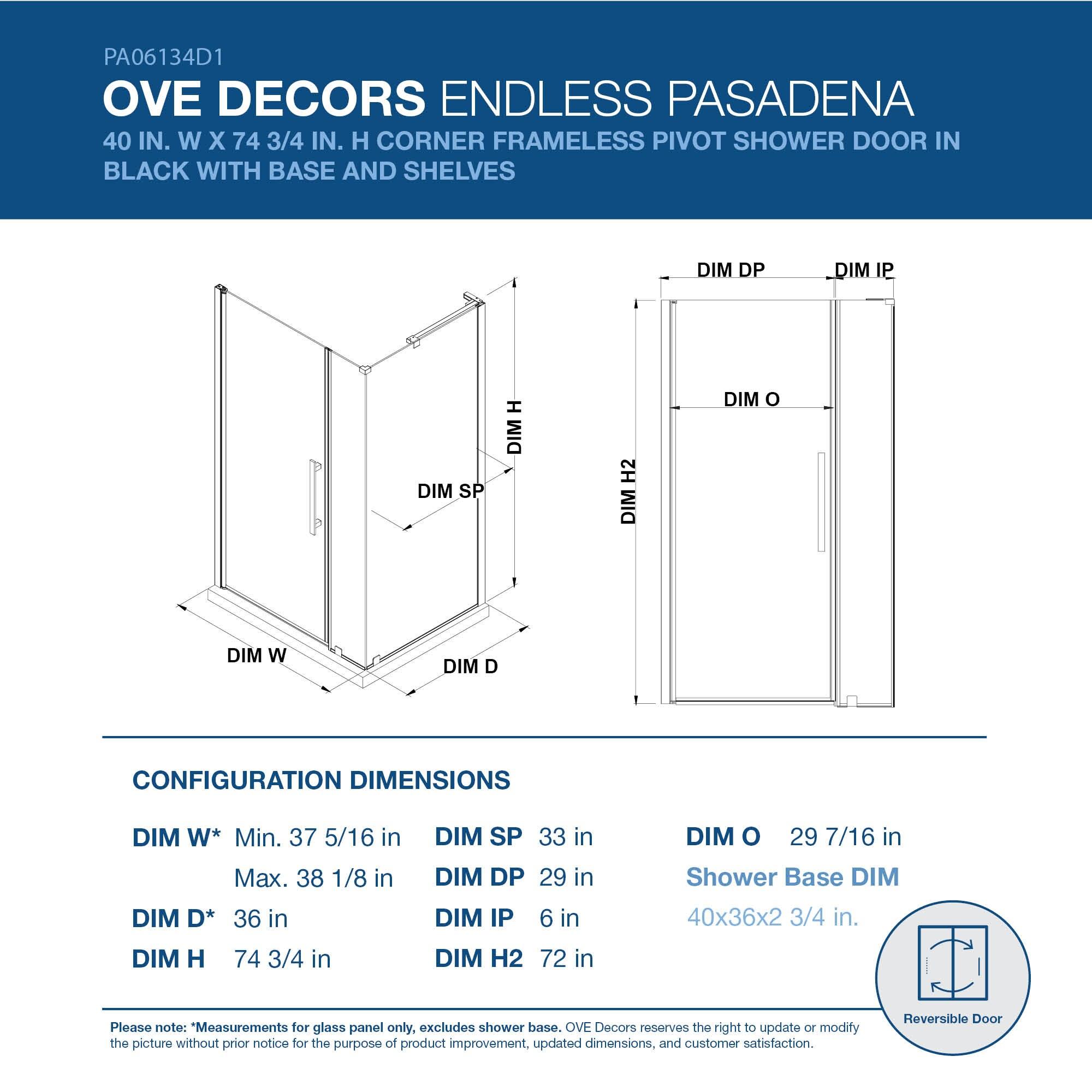 Ove Decors Endless Tampa-Pro 35" W x 72" H Corner Frameless Shower Kit, Door, Panel TP0142300