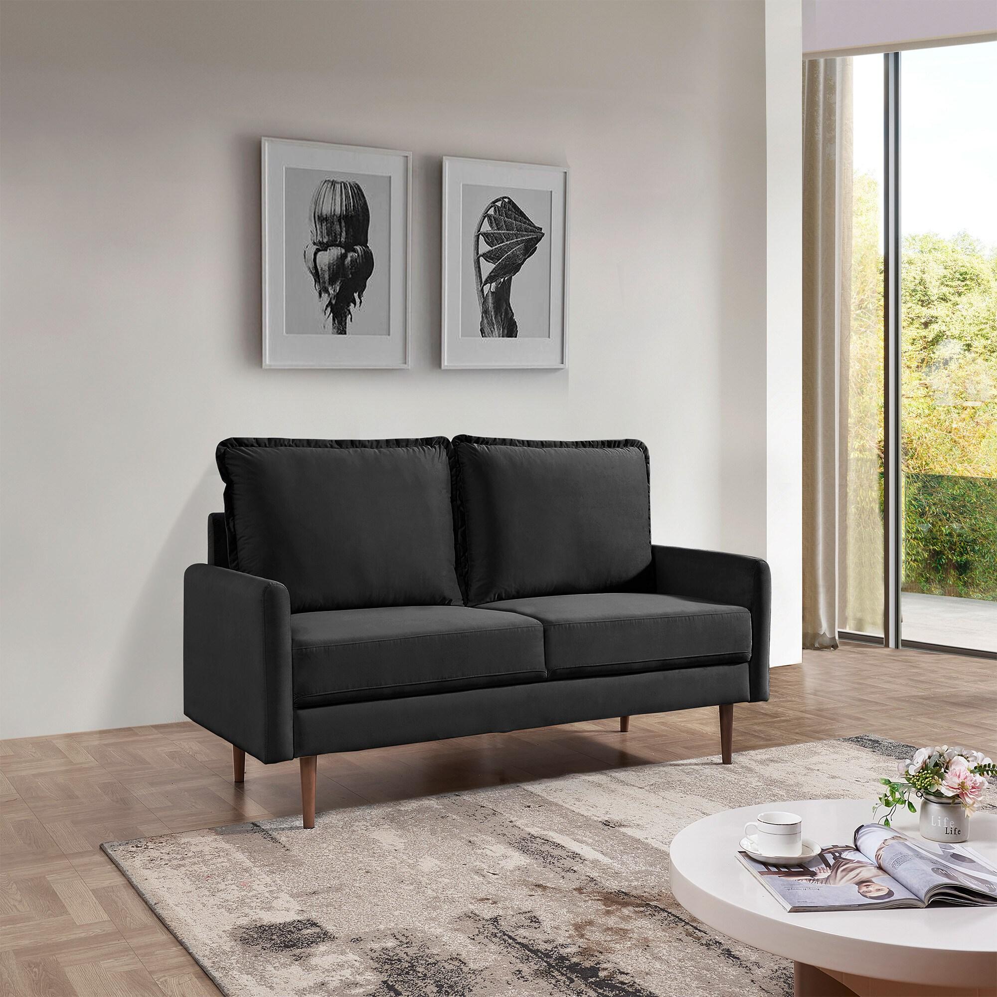 57 Inch Wide Upholstered Two Cushion Loveseat with Cambered Arms in Black Velvet