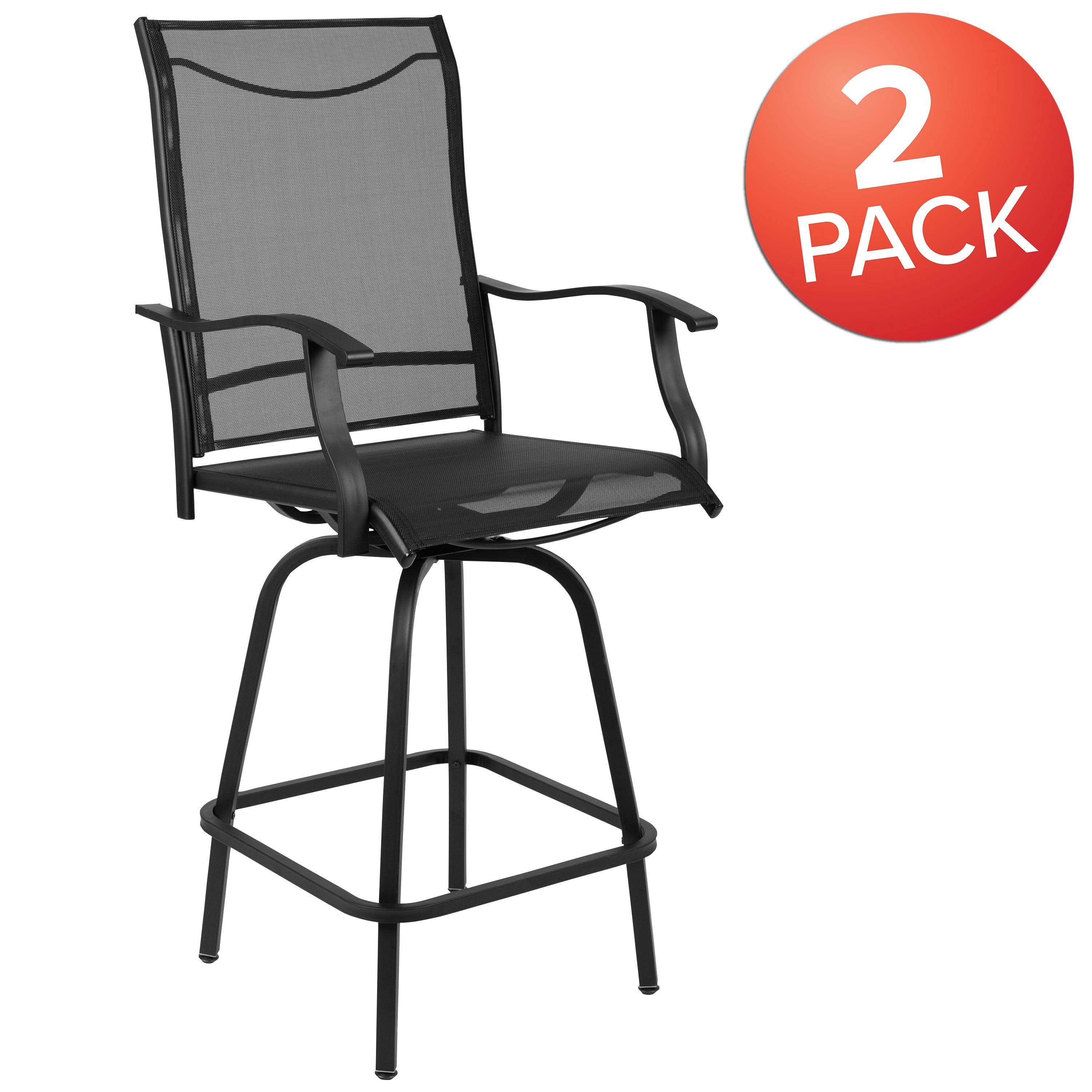 Flash Furniture Patio Bar Height Stools Set of 2, All-Weather Textilene Swivel Patio Stools and Deck Chairs with High Back & Armrests in Black