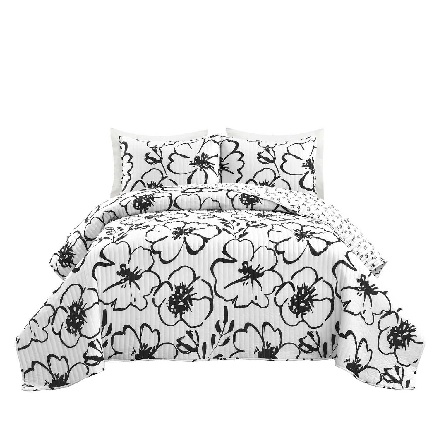 King Black and White Reversible Microfiber Quilt Set