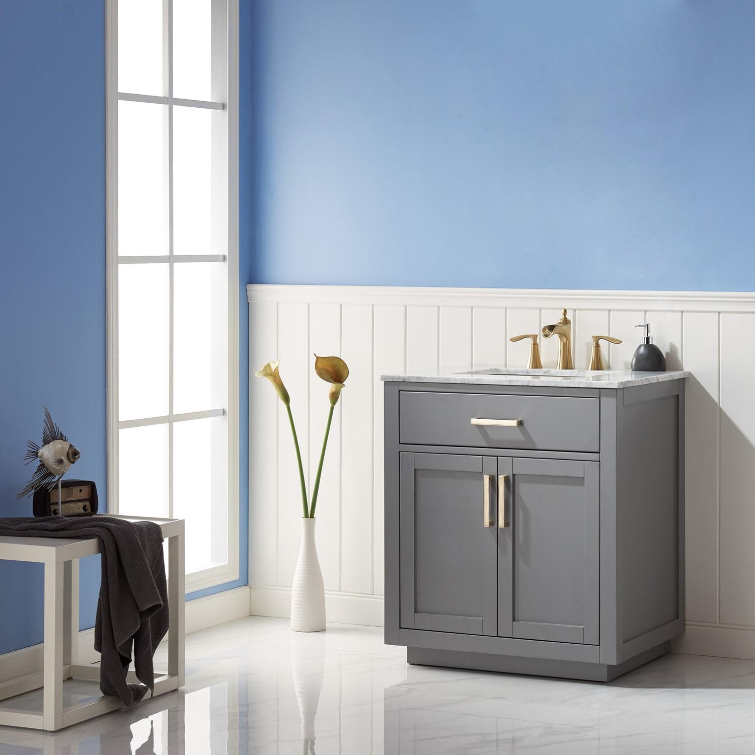 Ivy 30" Single Bathroom Vanity Set in Gray and Carrara White Marble Countertop without Mirror