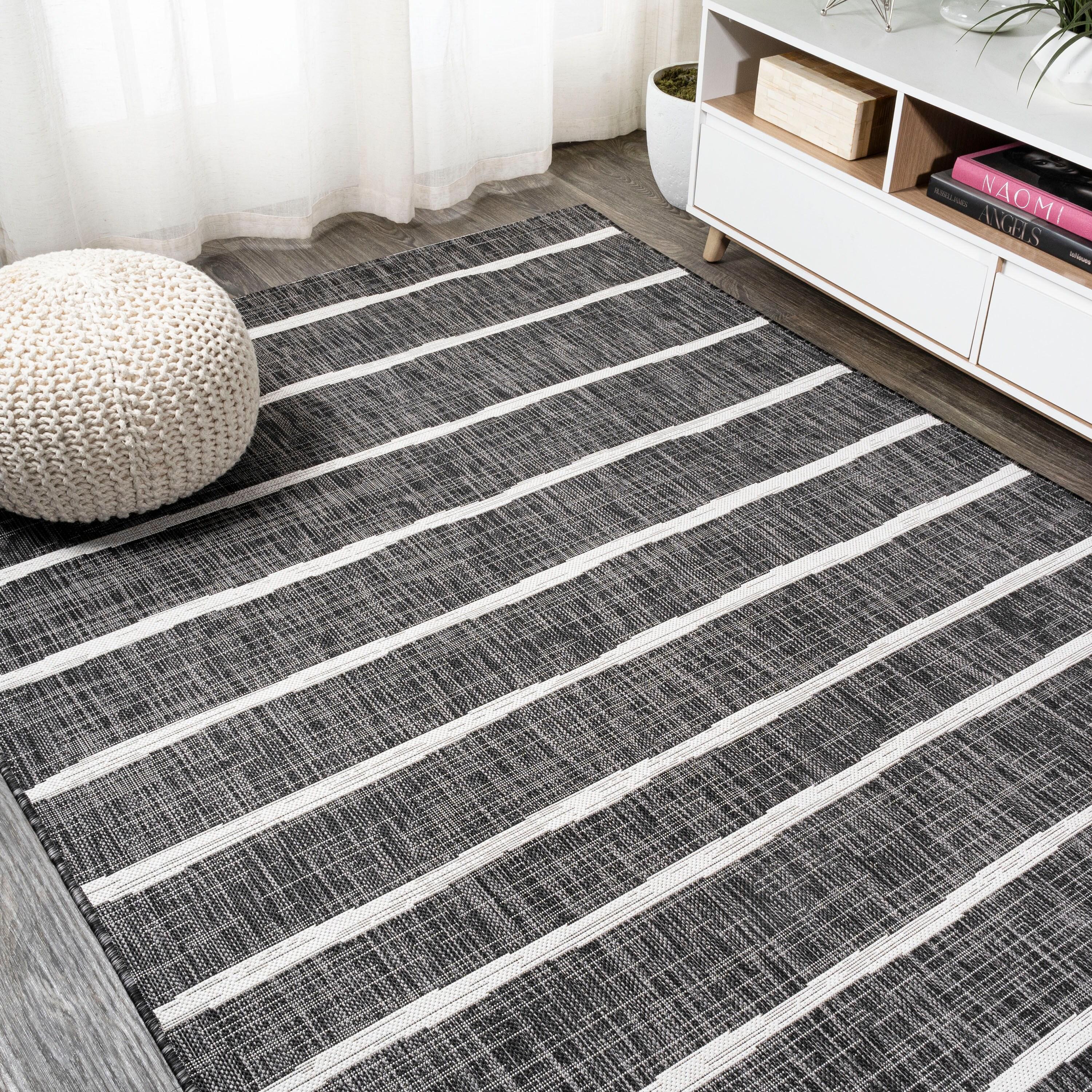 3'x5' Colonia Berber Stripe Indoor/Outdoor Area Rug, Black/Ivory - JONATHAN Y