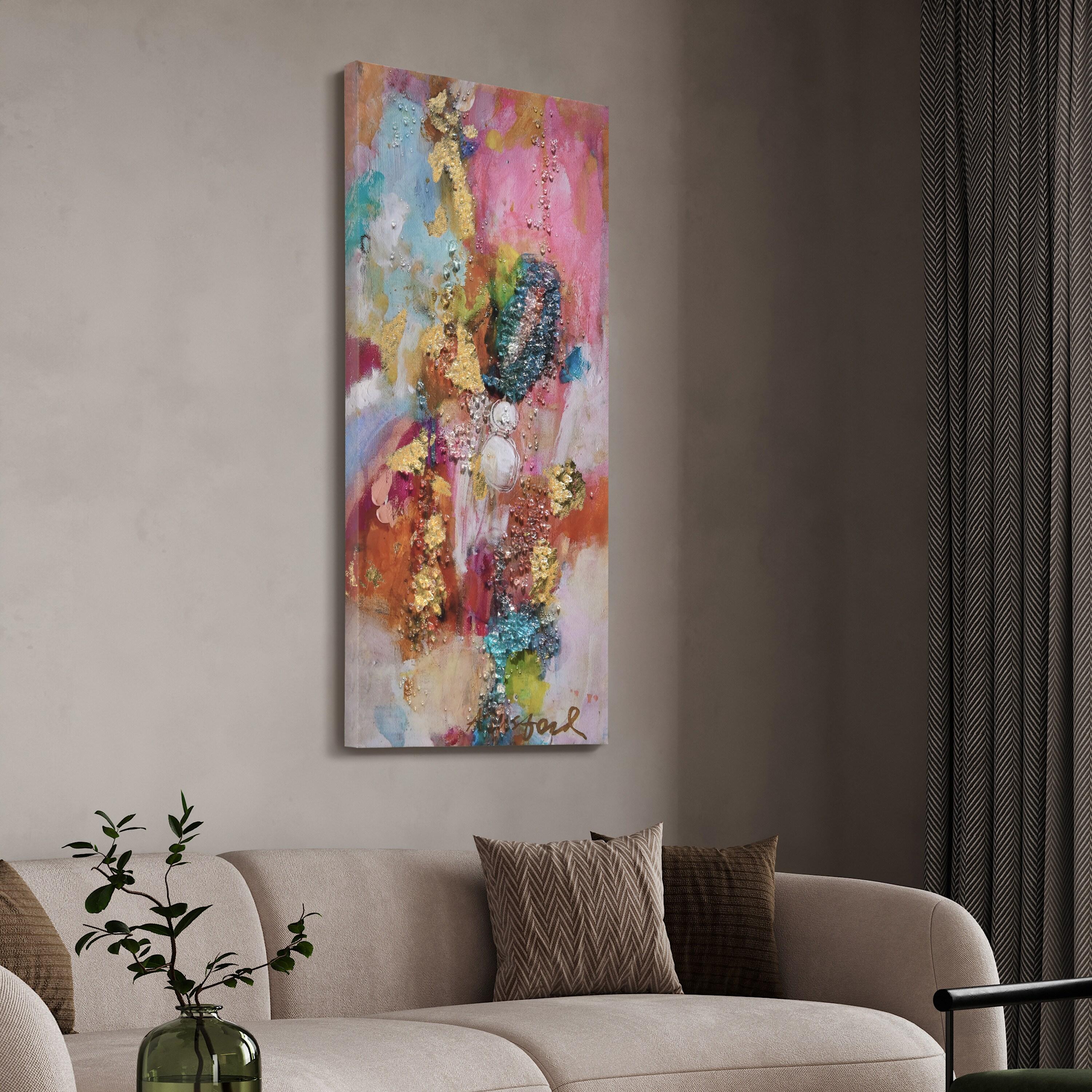 "Colorful Symphony II" Crystallus Epoxy Coated Wrapped Glossy Canvas Wall Art with Heavy Acrylic Crystal Shards Embellishments