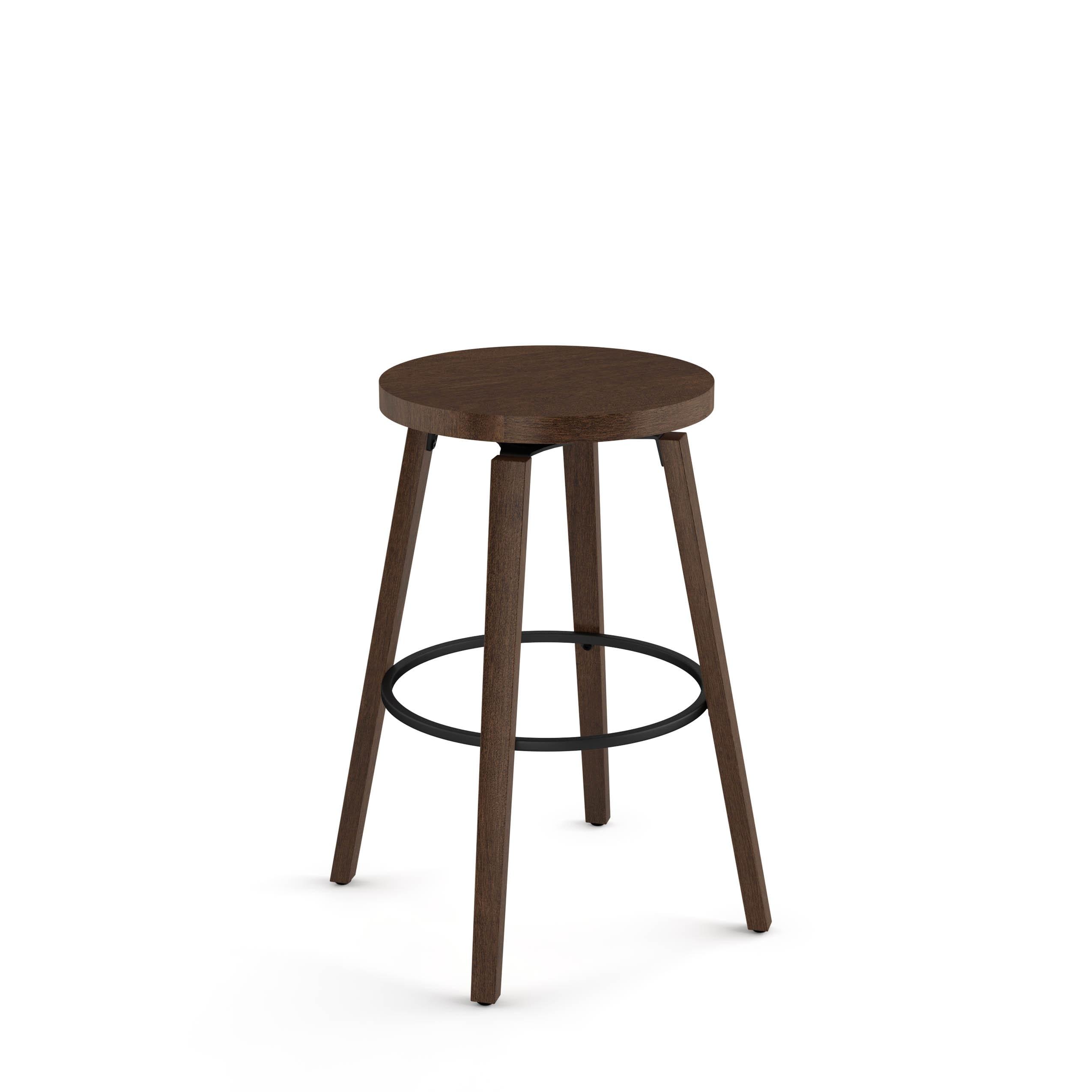 Brown Wood and Black Metal Swivel Backless Counter Stool