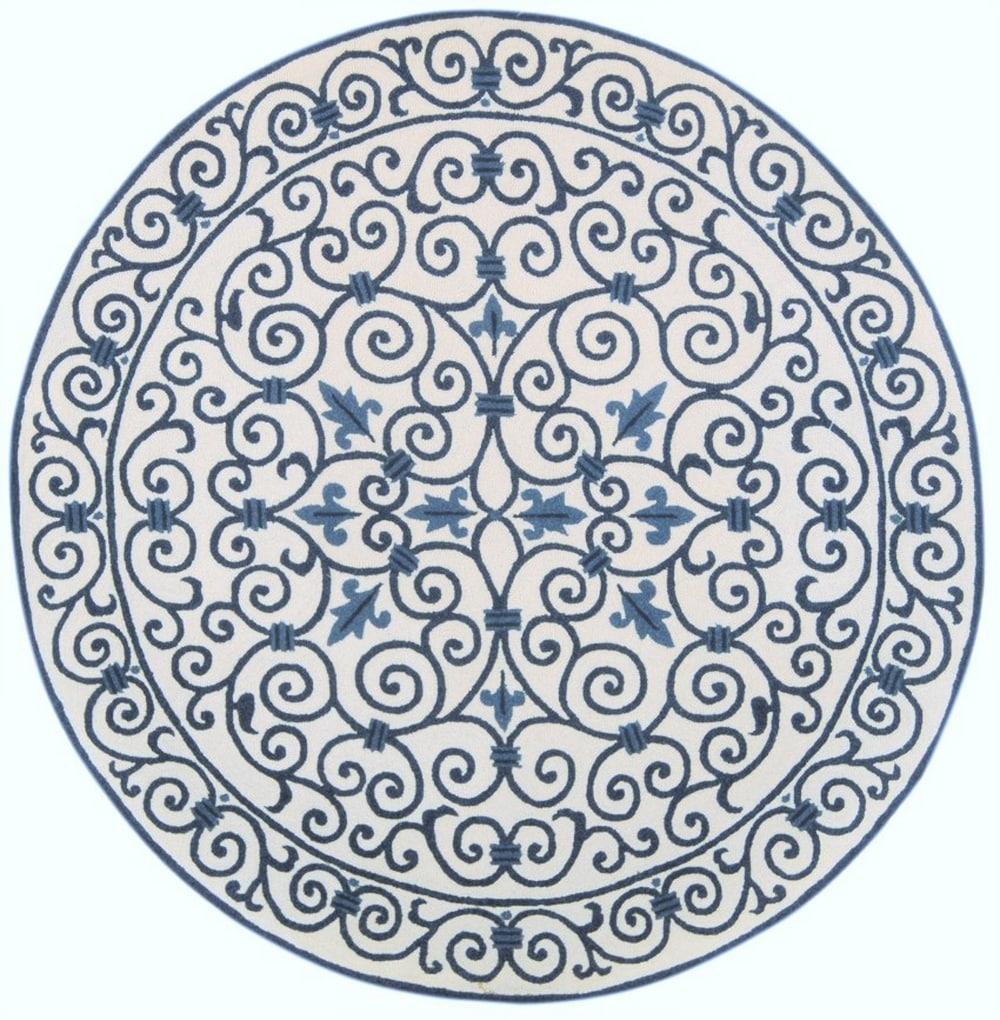 SAFAVIEH Chelsea Aragon Geometric Borders Wool Area Rug, Ivory/Dark Blue, 3' x 3' Round