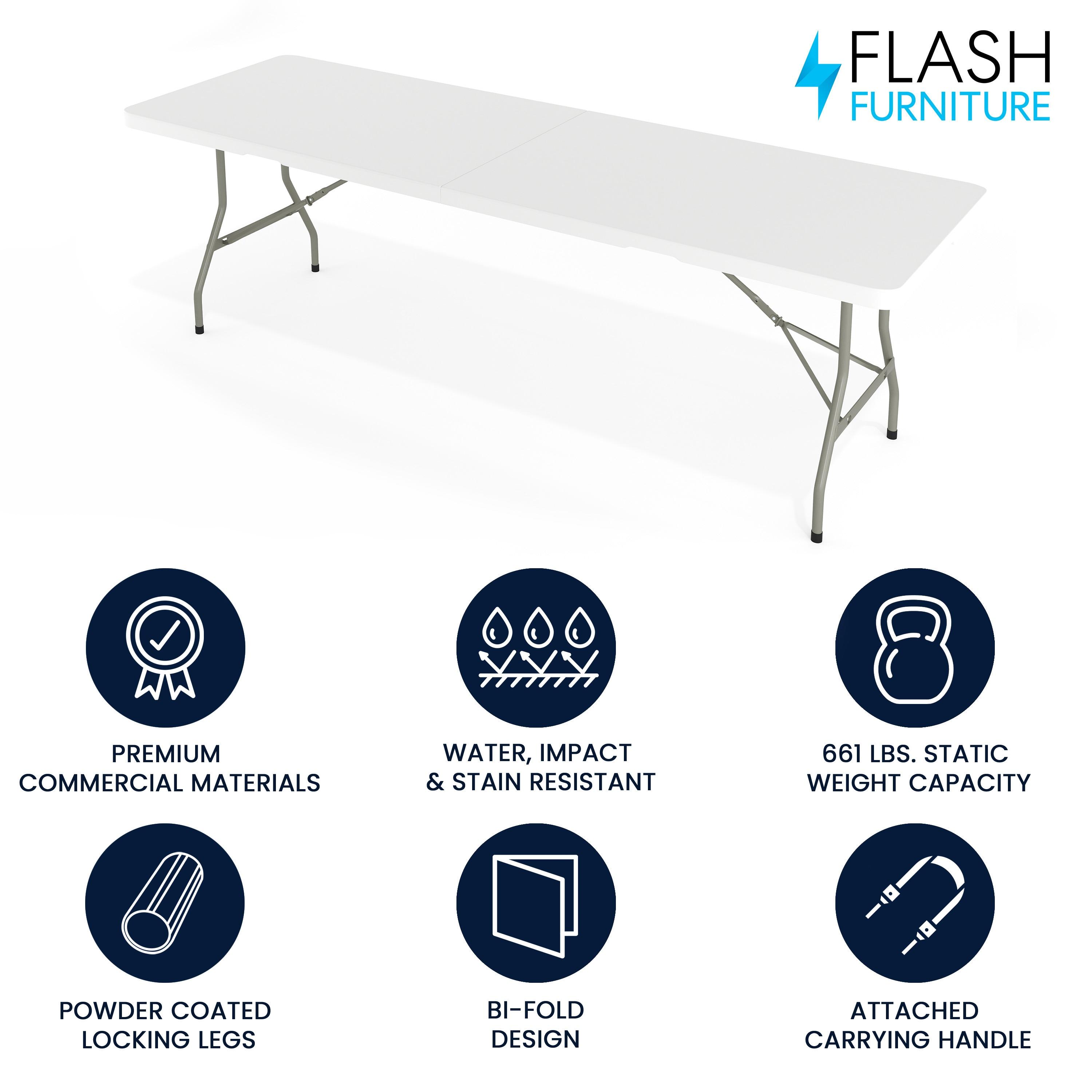 8-Foot Bi-Fold Plastic Banquet and Event Folding Table with Carrying Handle