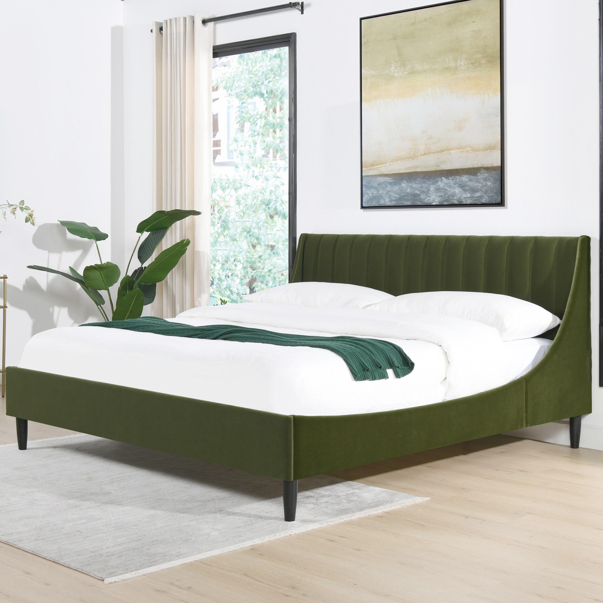Aspen Vertical Tufted Headboard Platform Bed Set King Olive Green Velvet