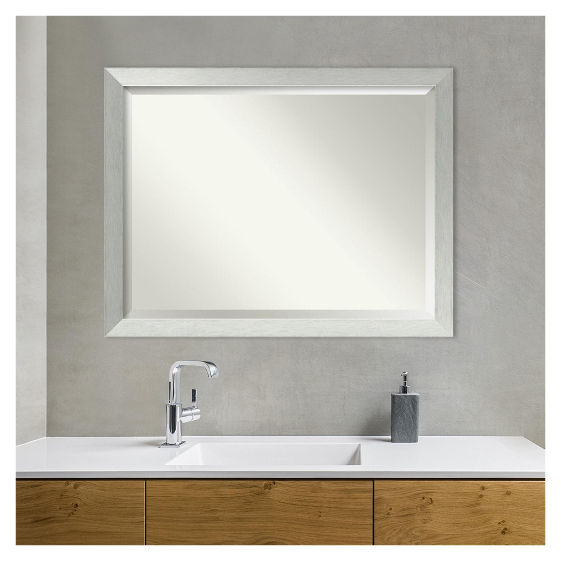 Brushed Sterling Silver Beveled Wood Bathroom Wall Mirror