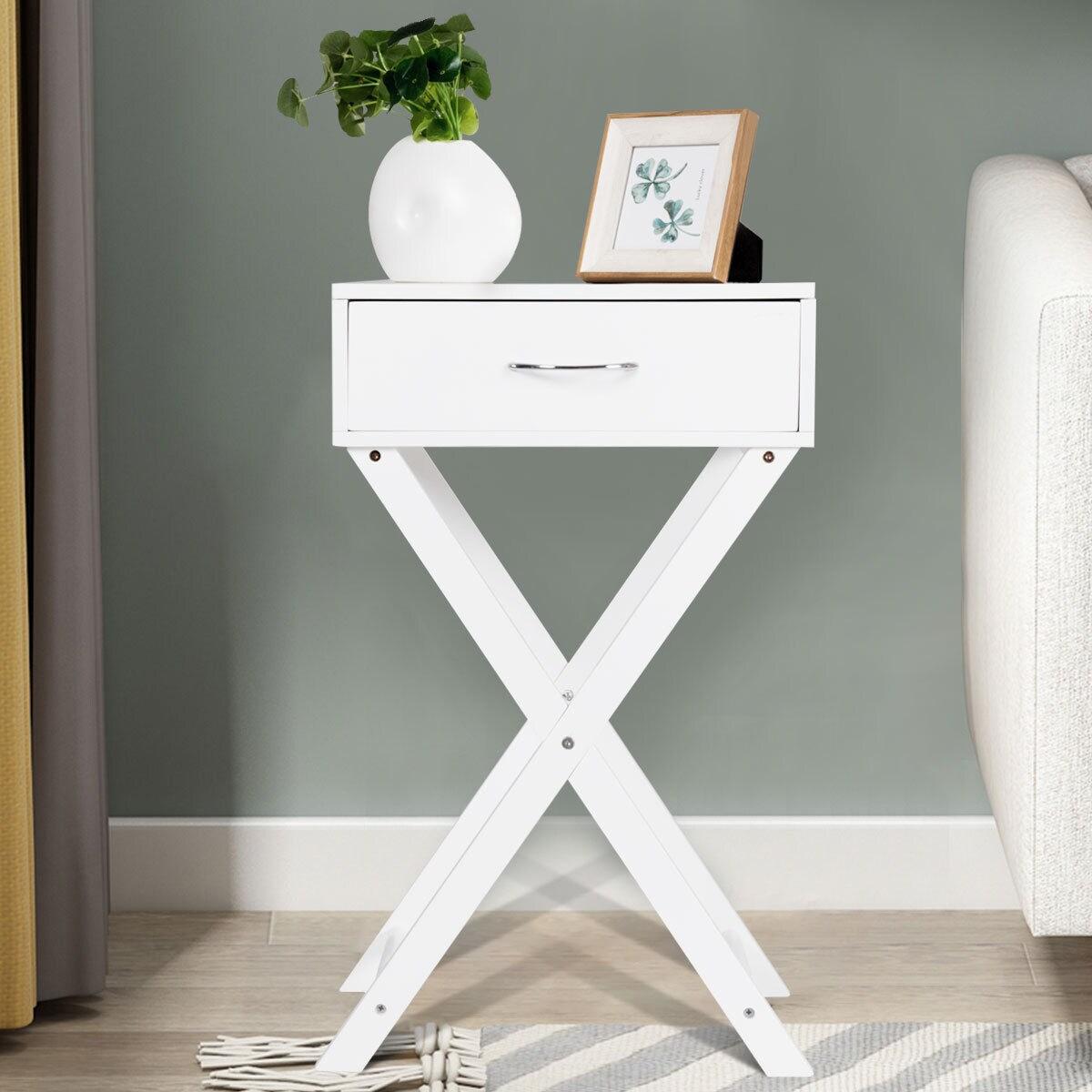 Costway Nightstand X-Shape Drawer Accent side End Table Modern Home Furniture White