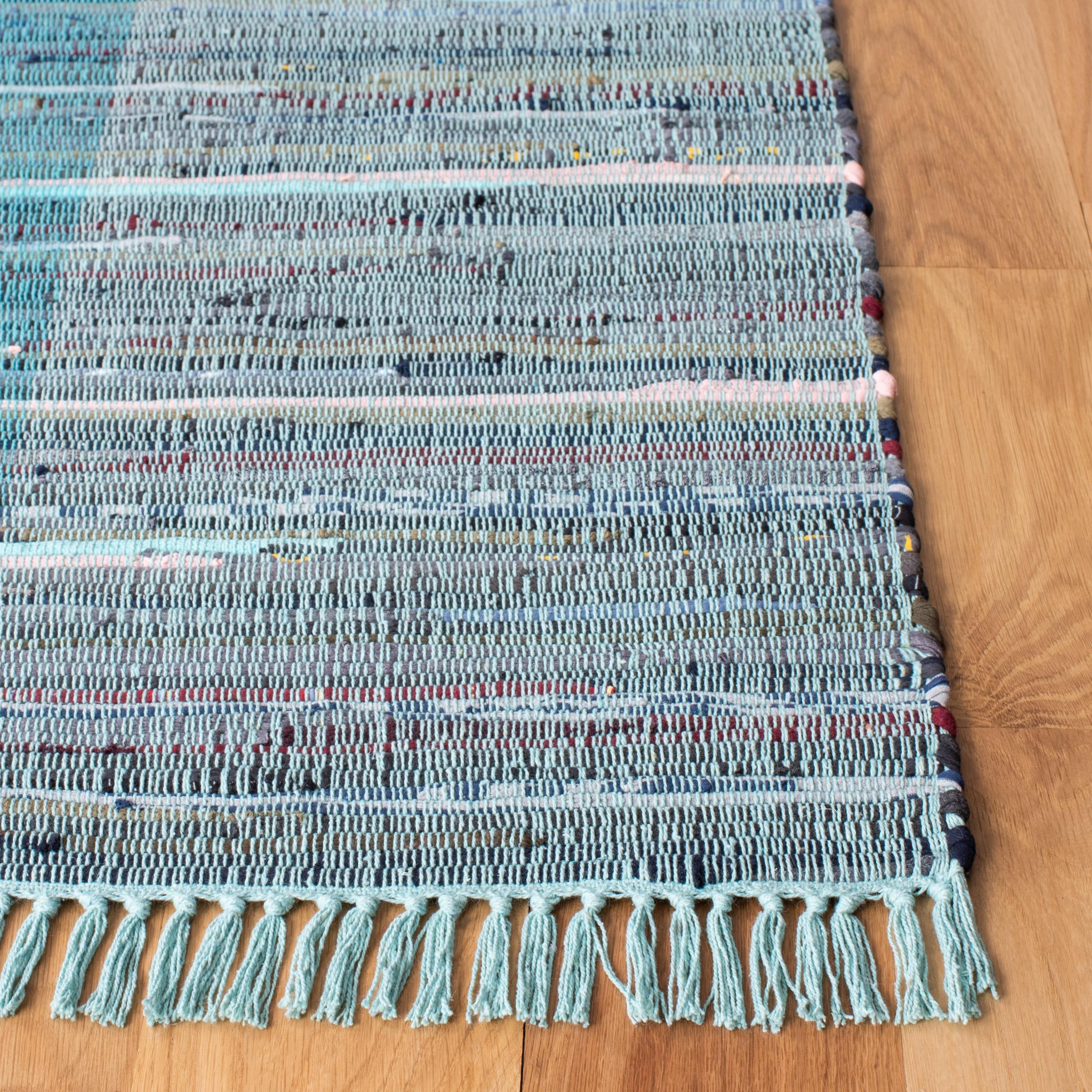 SAFAVIEH Rag Romeo Striped Fringe Cotton Area Rug, Light Blue/Grey, 2' x 3'