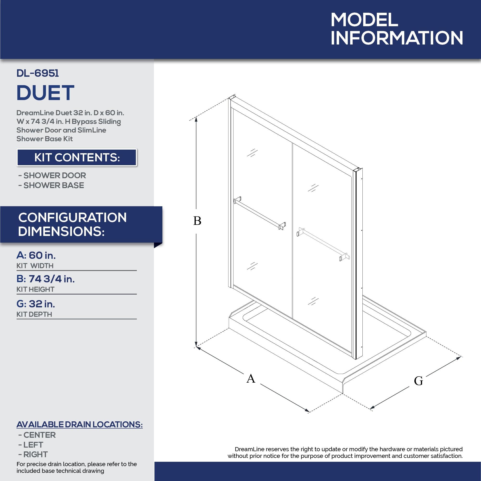 DreamLine Duet 32 in. D x 60 in. W x 74 3/4 in. H Semi-Frameless Bypass Shower Door in Chrome and Right Drain Black Base