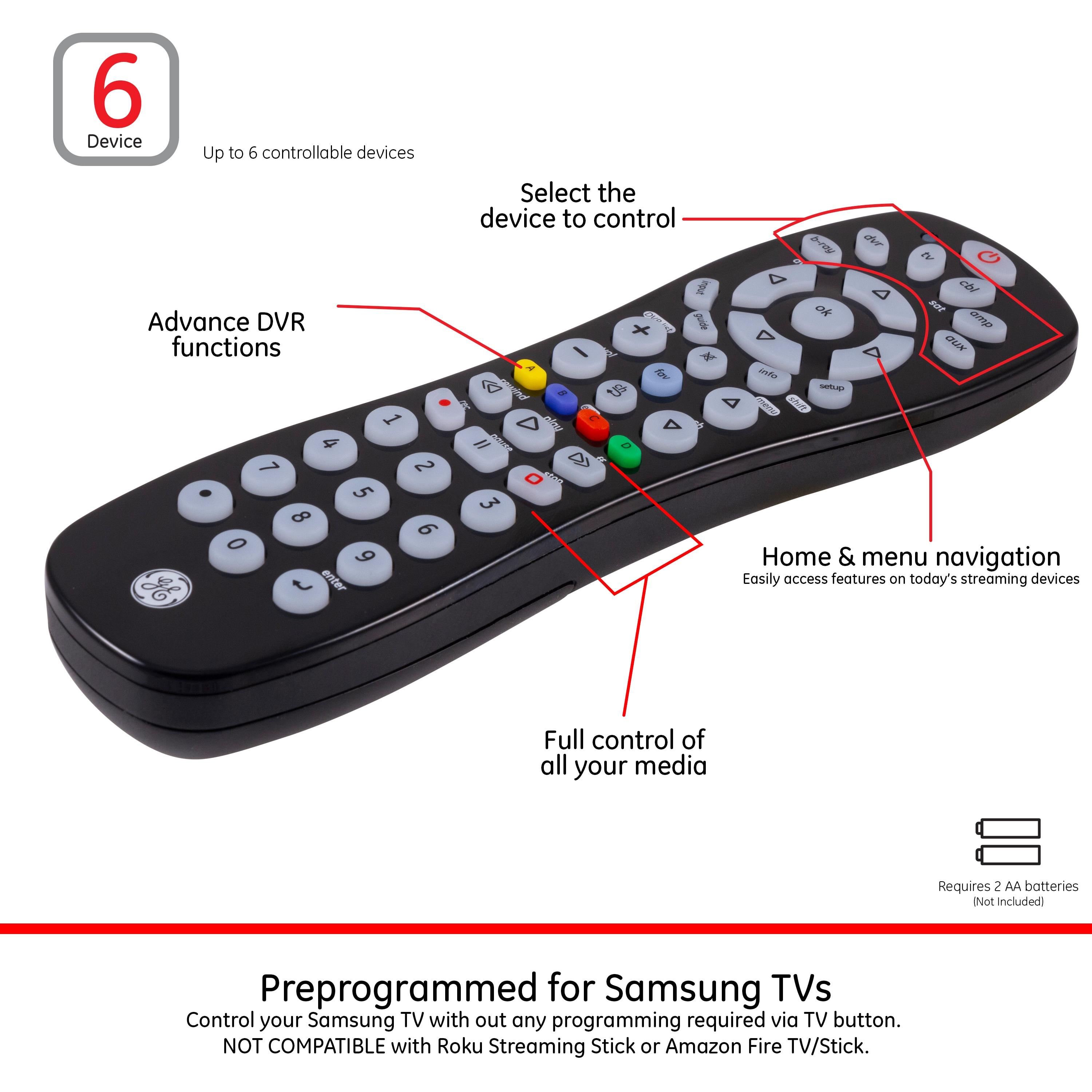 GE 6-Device Universal TV Remote Control in Black, 34459